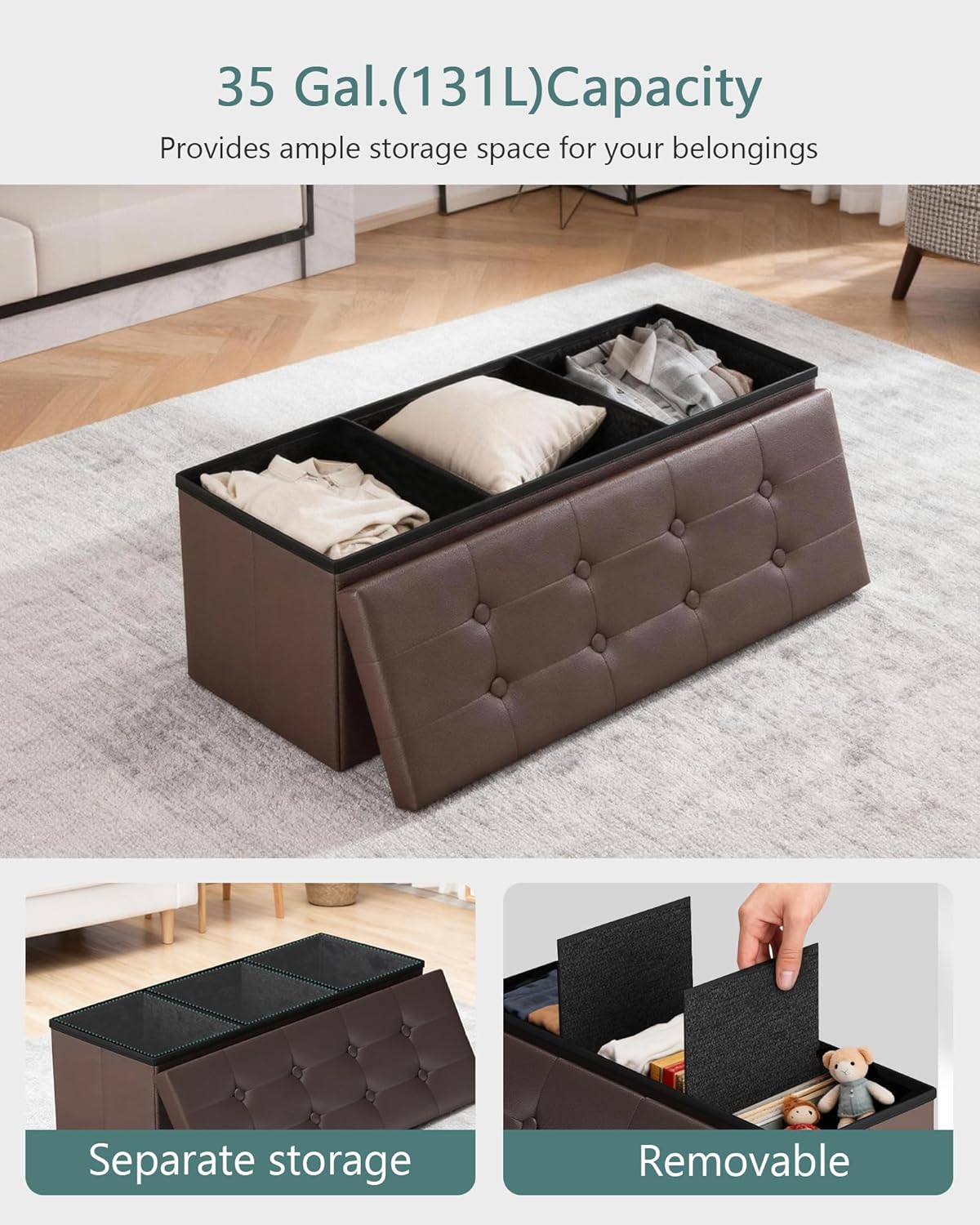 LITZFUR 43 Inches Folding Storage Ottoman Bench, PU Leather Storage Chest, Footrest Padded Seat for Bedroom and Hallway, Holds up to 660 lbs, Brown