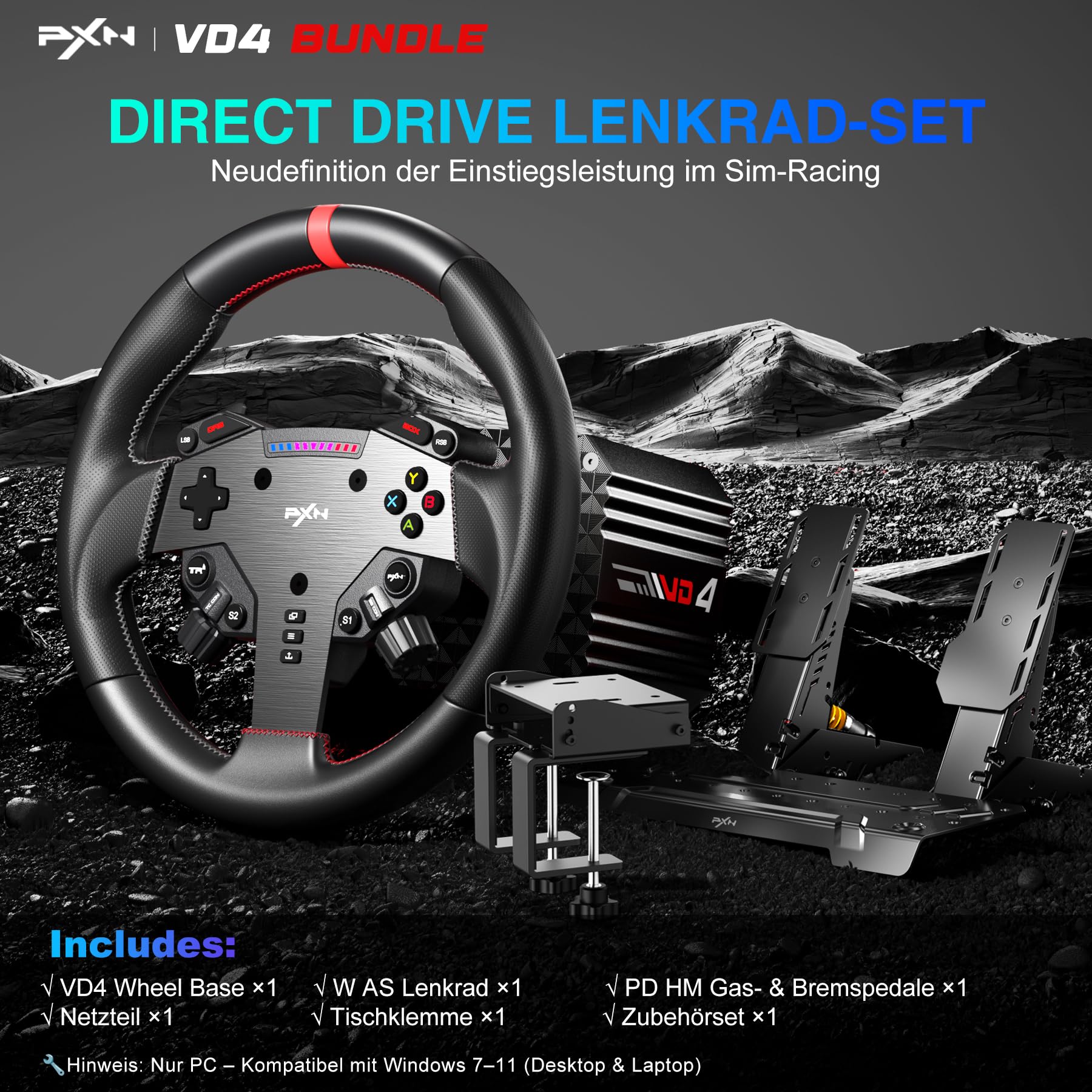 PXN VD4 Bundle Direct-Drive Gaming Lenkrad – 4 Nm Servo-Motor Basis, W AS Rennlenkrad, PD HM Bremse & Gaspedale, Tischklemme – Lenkrad kompatibel mit Windows-PC