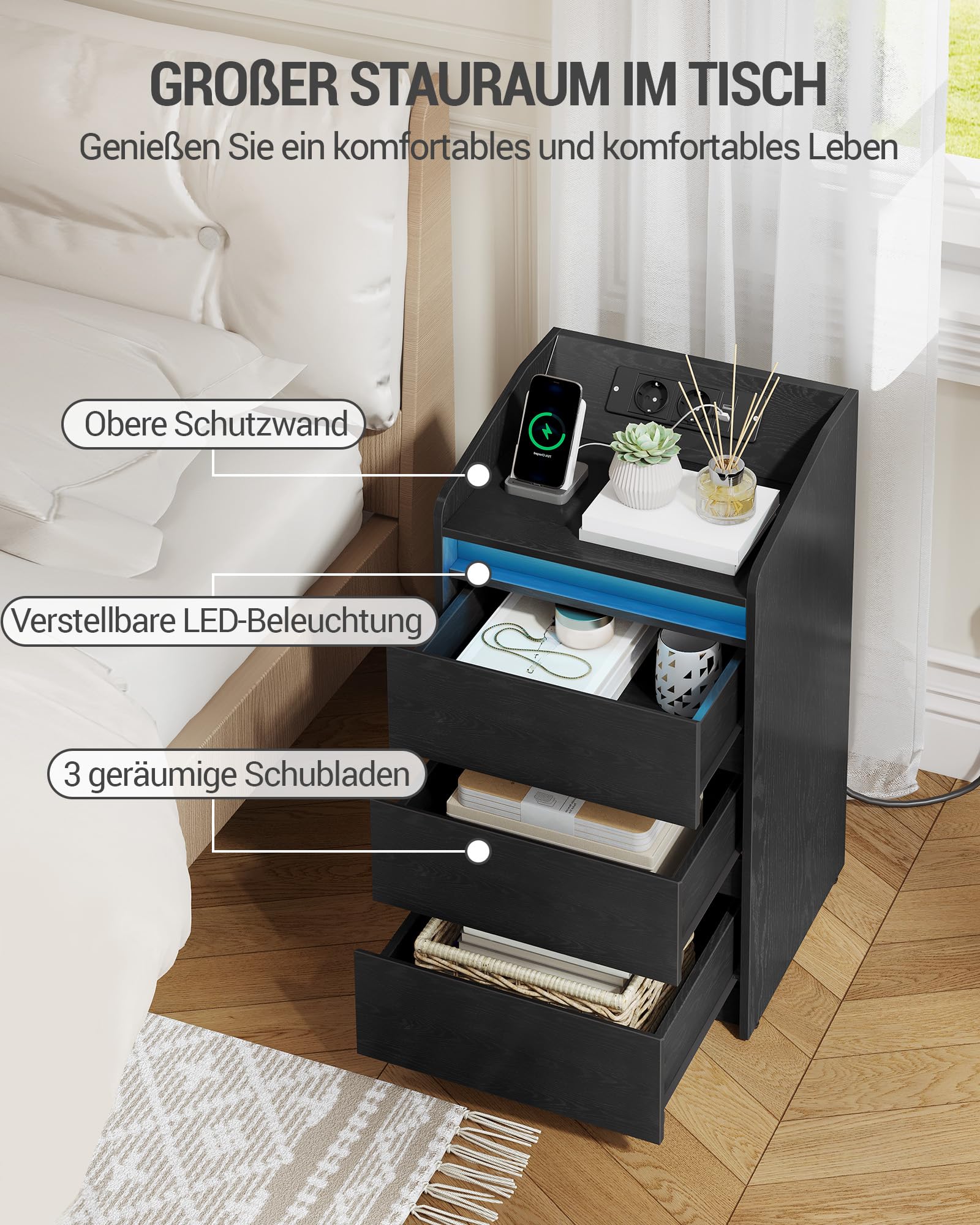 Hzuaneri Nachttisch 2er Set mit 3 Schubladen, Beistelltisch mit Ladestation und LED, 2 AC-Steckdosenund 2 USB-Anschlüsse für Schlafzimmer, Wohnzimmer, Schwarz NS40104X