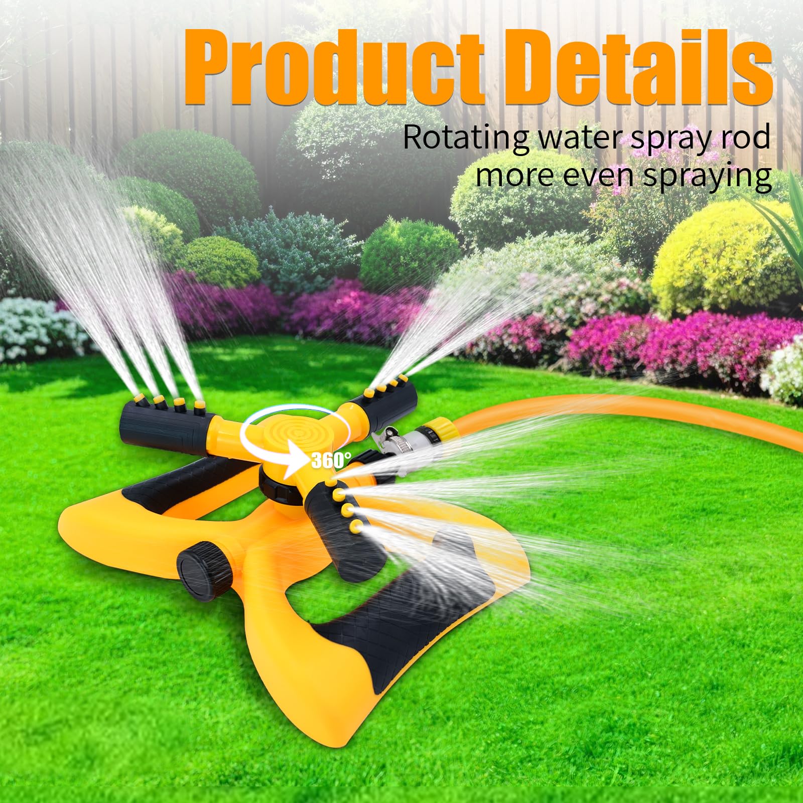 Arroseur de Pelouse Rotatif, Arroseur de Jardin 360 Degrés avec 3 Bras Réglables, Système d’Arrosage pour Jardin Fleurs et Parterres, Kit de Raccord pour Tuyau avec 4 Adaptateurs