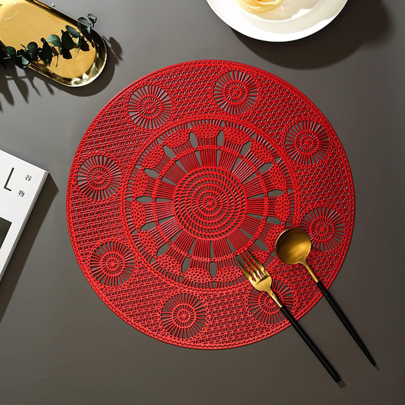 Platzset Herbst 8er Set, Platzset Rot 38cm Hohle Geometrische Kreisförmige Blume PVC