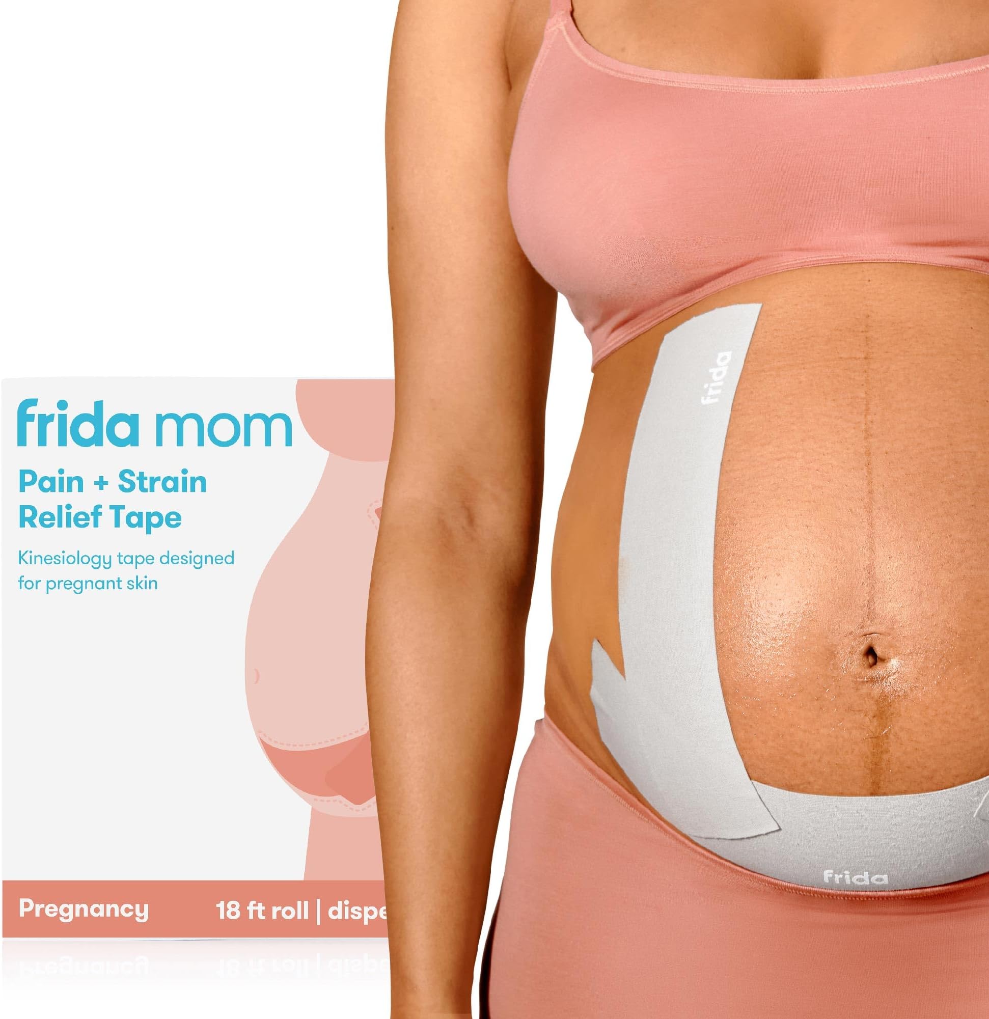 Frida Mom Pain + Strain Relief Tape| Kinesiology Tape for Pregnant Skin| Maternity Belly Support Tape| 1 18 Foot roll of Tape with Storage Dispenser Included