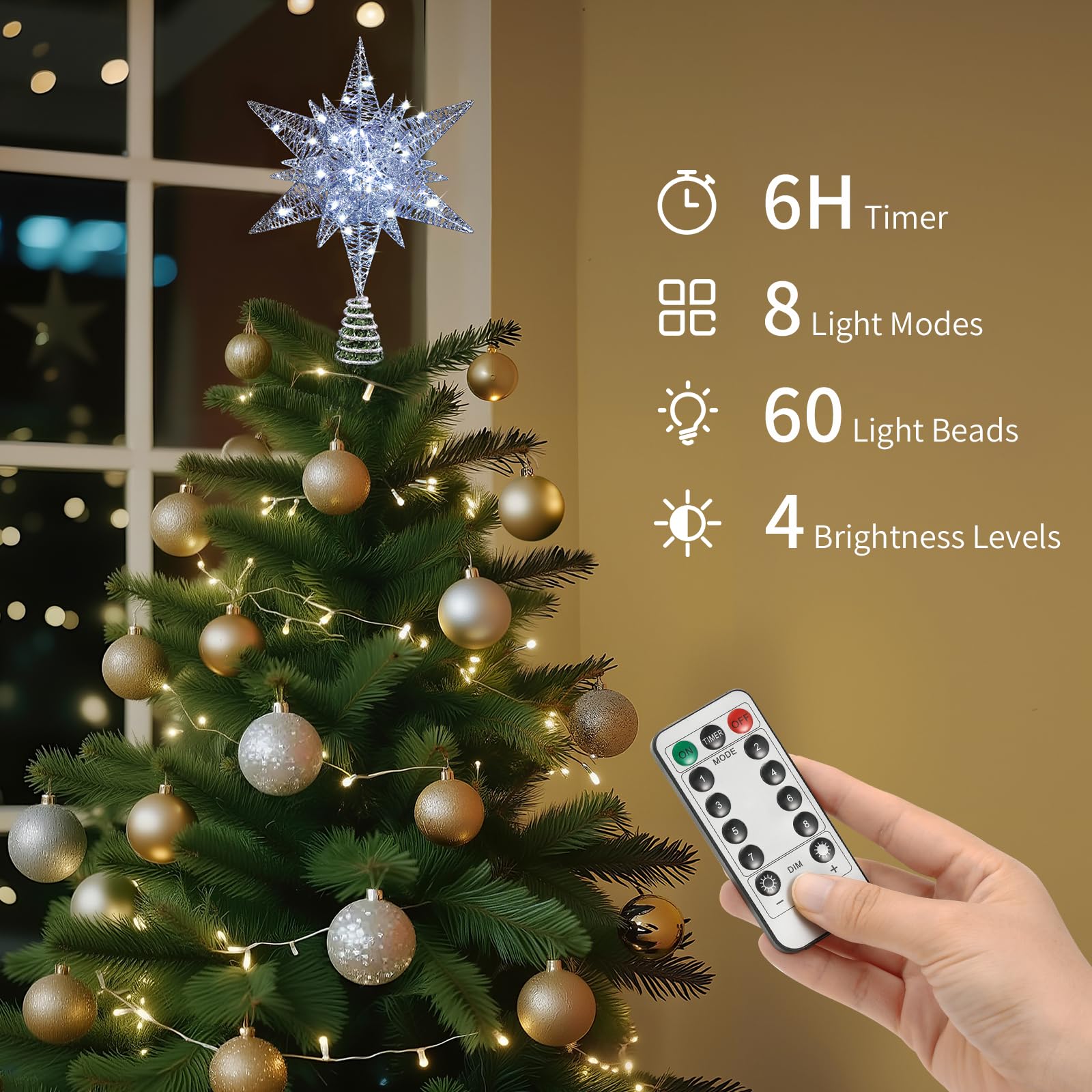 Lewondr Etoile Sapin de Noel, Pointe d'Etoile Hexagonale pour Sapin de Noël Alimenté par Pile/USB avec Lumières LED + Base en Spirale, Decoration Noel pour Maison Salon Chambre Jardin - Argent