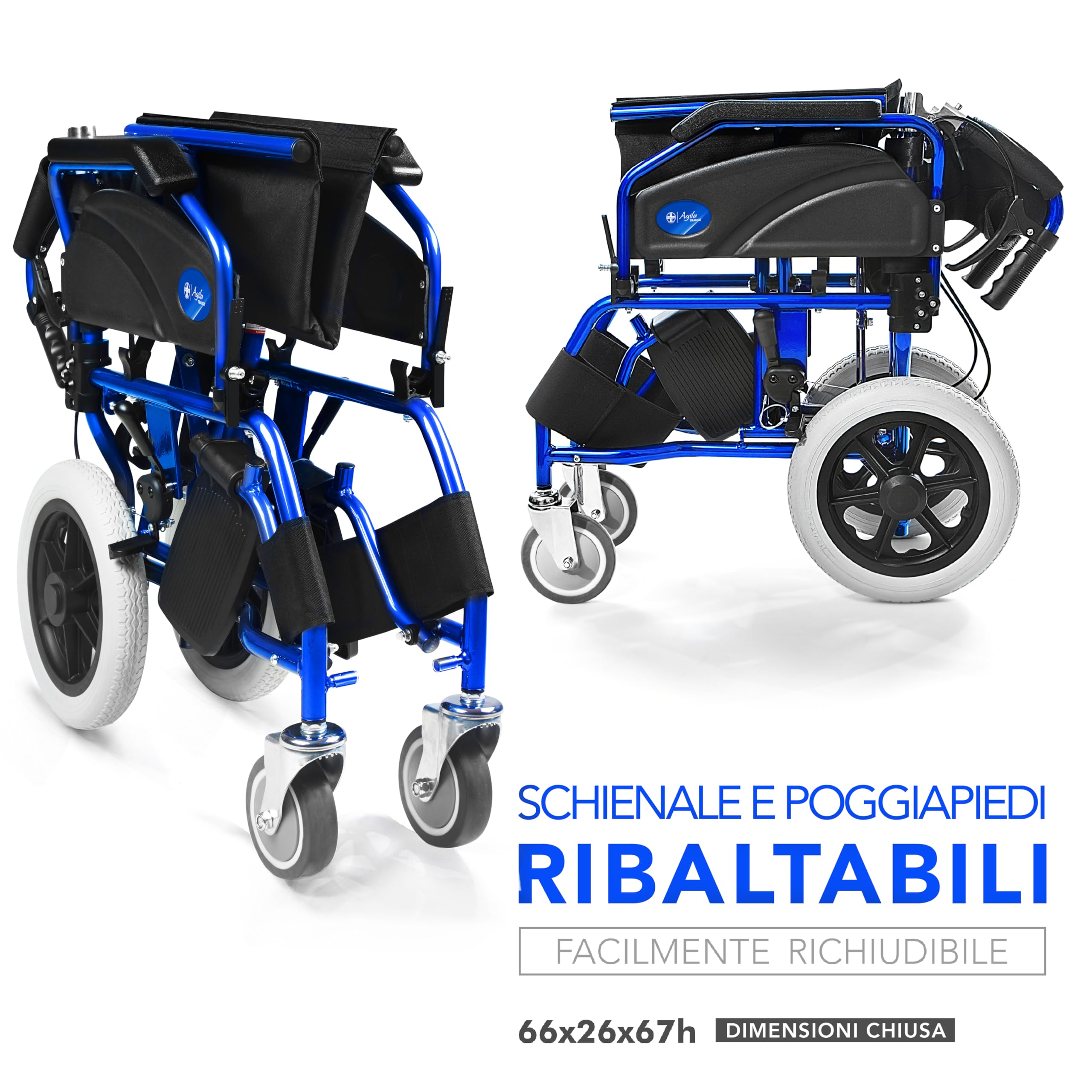 AIESI® Sedia a Rotelle pieghevole super-leggera da transito in alluminio con freno per disabili ed anziani AGILA TRANSIT, Doppio sistema di frenata, Cintura di sicurezza, Garanzia Italia 24 mesi