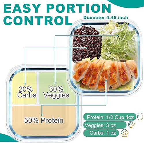 Miniatura 3 de Paquete de 3 recipientes bariátricos de preparación de comidas, cuencos de vidrio de 8 onzas para control de porciones, lonchera de vidrio