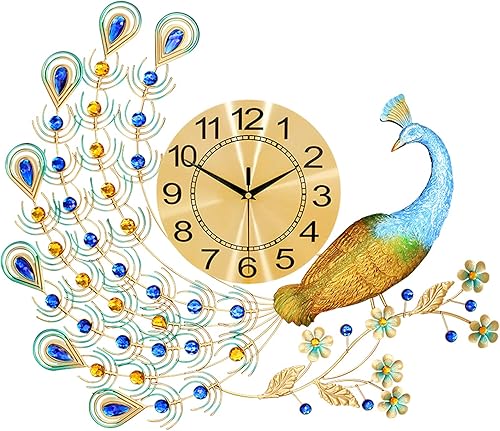 Large Peacock Wall Clock, 27.5 inch Luxury Peacock Clocks Silent Movement Wrought Iron and Metal Dial 3D Silent Wall Clocks Battery Operated Large