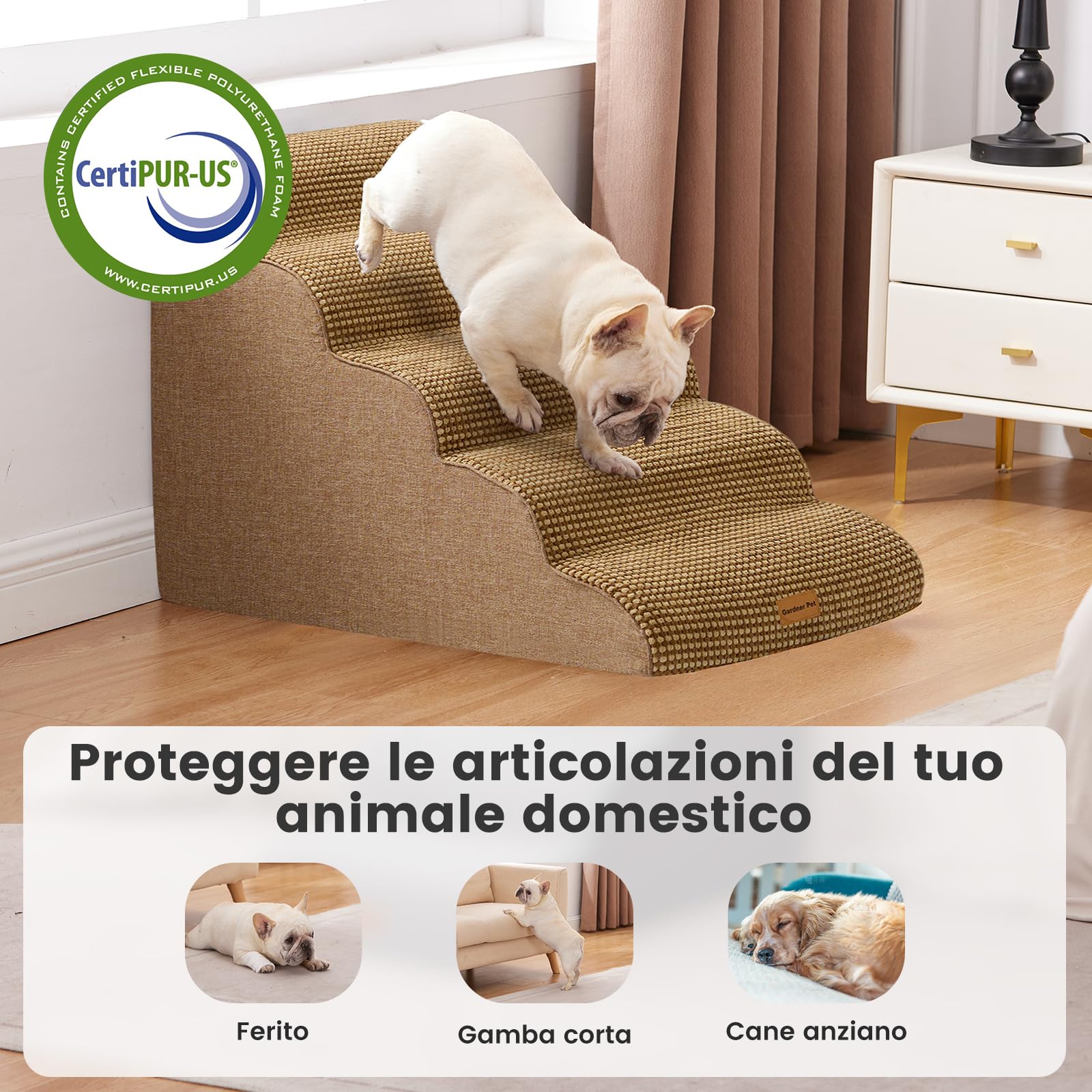 Gardner Pet Scala per Cani Piccoli 5 Gradini, Scaletta per Cani Lavabile Alta 55 cm, Rampina in Schiuma con Rivestimento Antiscivolo e Impermeabile per Letto, Divano e Auto, Marrone