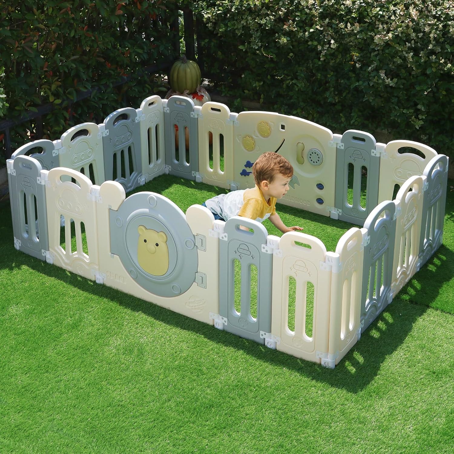 Baby Playpen with Lock Door,Adjustable Game Panel,Foldable Toddlers Play Yard, 18-Panel Safety Kids Fence for Indoor & Outdoor,Baby Gate Activity Centre, Gray White