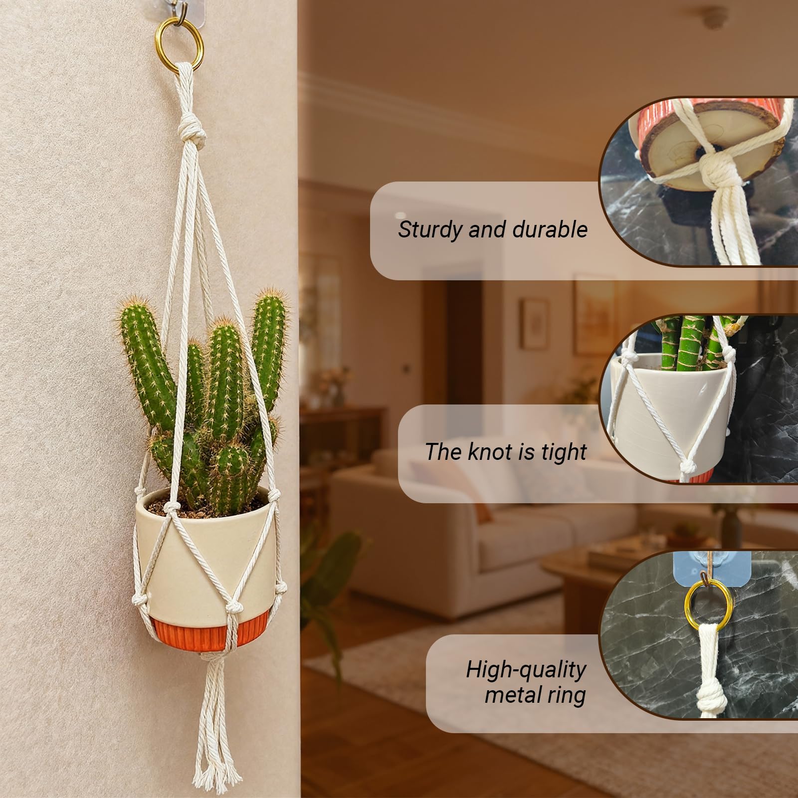 Portavasi in macramè di 3 dimensioni per interni, 50 cm, 80 cm, 90 cm, supporto per piante da appendere con nappa, in corda intrecciata bohémien, per esterni, decorazione per vasi di fiori,