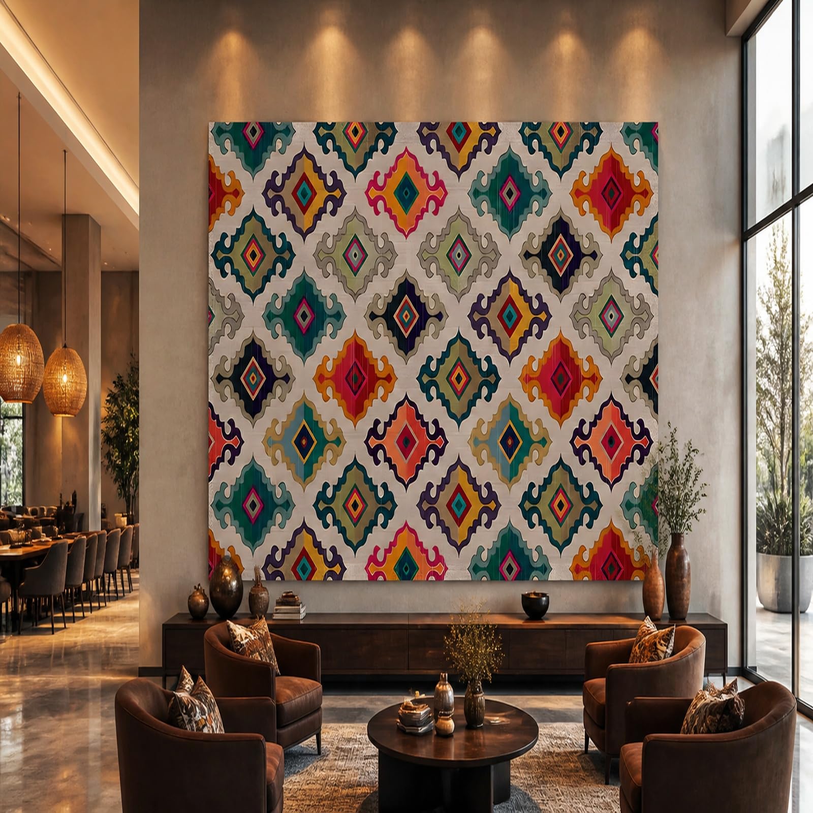 Dywan ścienny, dekoracja ścienna, możliwość personalizacji, 180 x 230 cm, duża ozdoba na ścianę, gobelin, geometryczny beż, zielony, czerwony, fioletowy, żółty, niebiesko-pomarańczowy