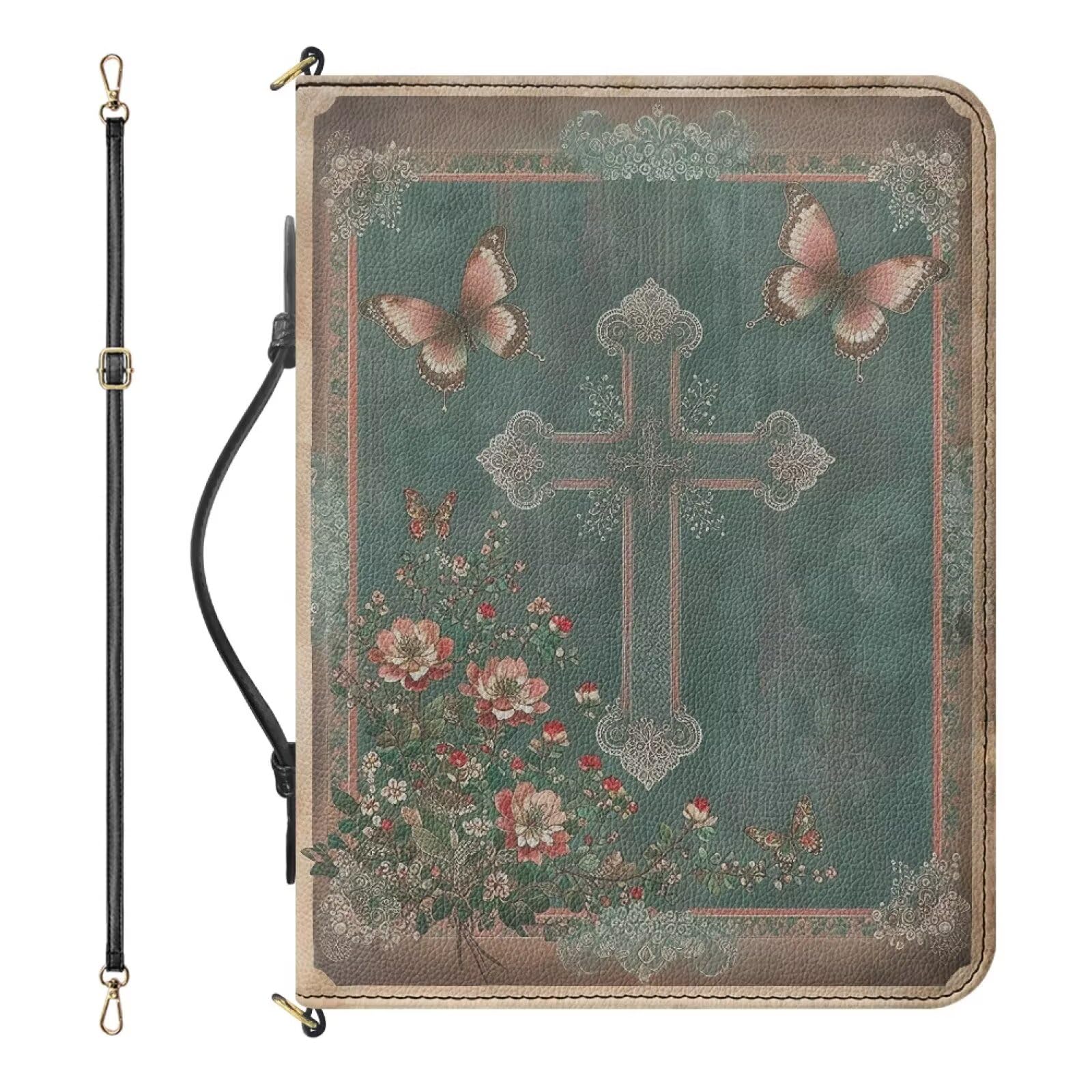 Drnuikhe Bible Cover Case for Women, Green Bible Purse with Strap and Handle, Boho Crucifix Print PU Leather Bible Organizer with Inner Pockets and Pen Loop, Church Bags for Women, Size XL