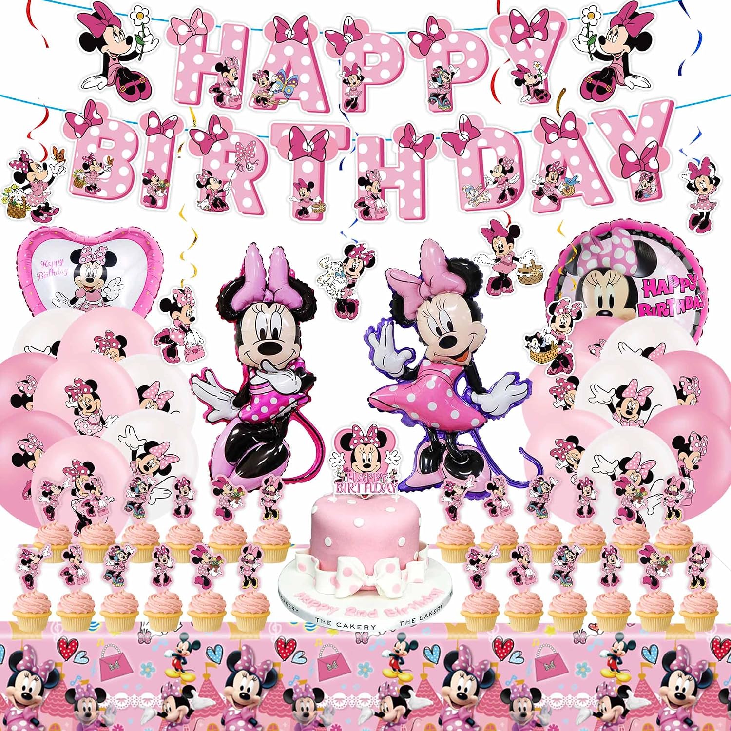 Pink Birthday Party Decorations Kit, Cartoon Birthday Supplies | Includes Happy Birthday Banner, Foil Balloons, Tablecloth, Backdrop, for Adult Themed Party Supplies