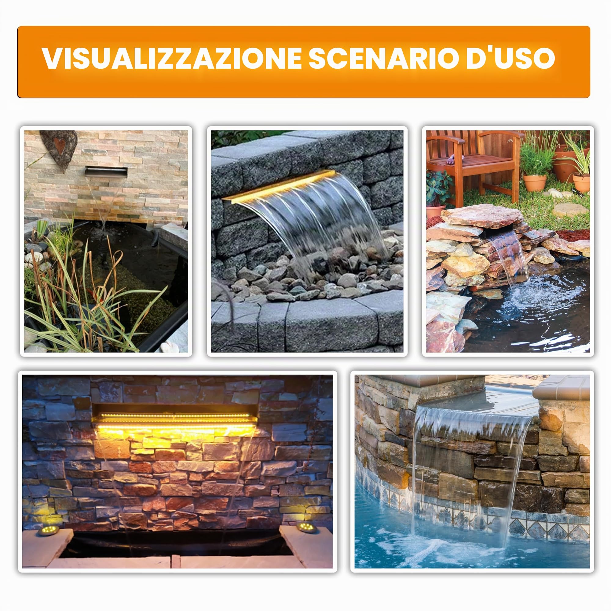 Kit Cascata Piscina Laghetto a lama, Fontana da Giardino Esterno in Acciaio Inossidabile con Accessori, Decorazione Laghetto da Giardino Patio (Lunghezza 60cm, Larghezza 15cm)