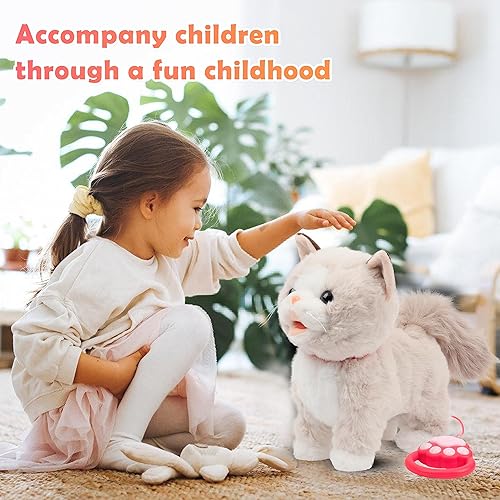 Miniatura 3 de Easfan Peluche de gatito que camina de 12 pulgadas con correa de control remoto, juguete musical interactivo eléctrico de peluche de gato maullando