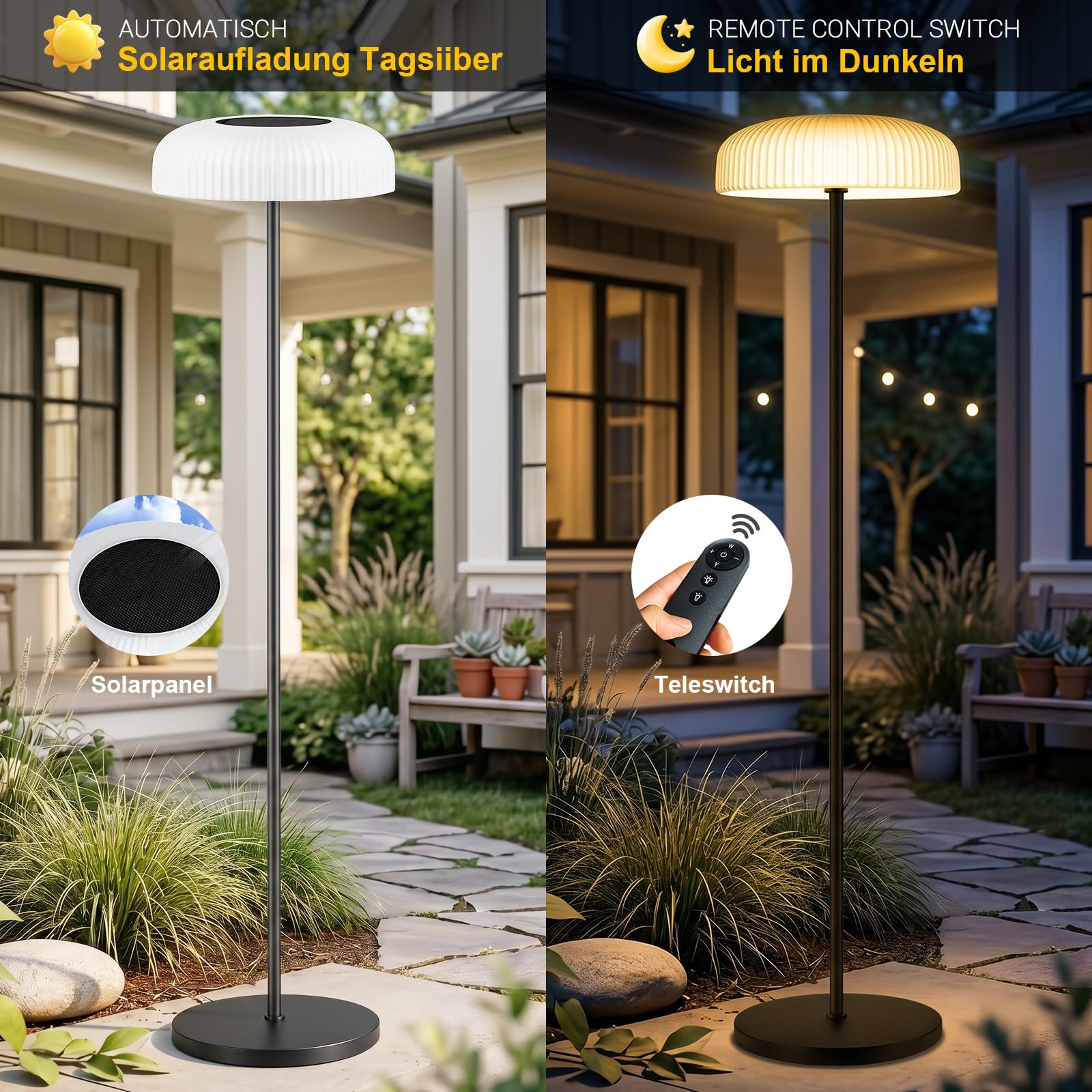 Lámpara Solar de Pie 150cm USB-C recargable, control por gestos, 10 brillos y 2 temperaturas (cálido/frío) IP65 resistente al agua – Jardín, terraza, camino