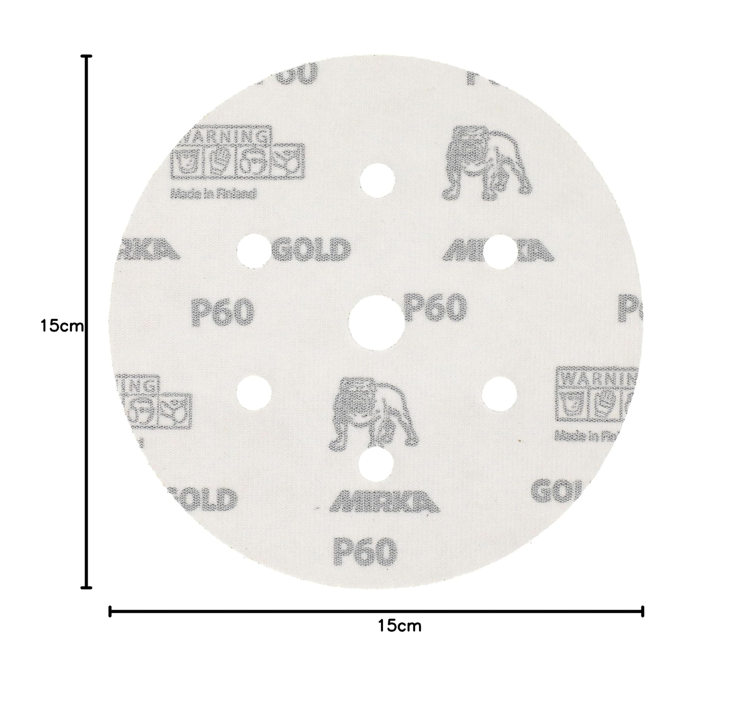 Mirka Gold Papel de lija universal Ø 150mm Velcro 7 agujeros, grano P60, 50 piezas / Para lijar yeso, masilla, aglomerado, madera, barniz