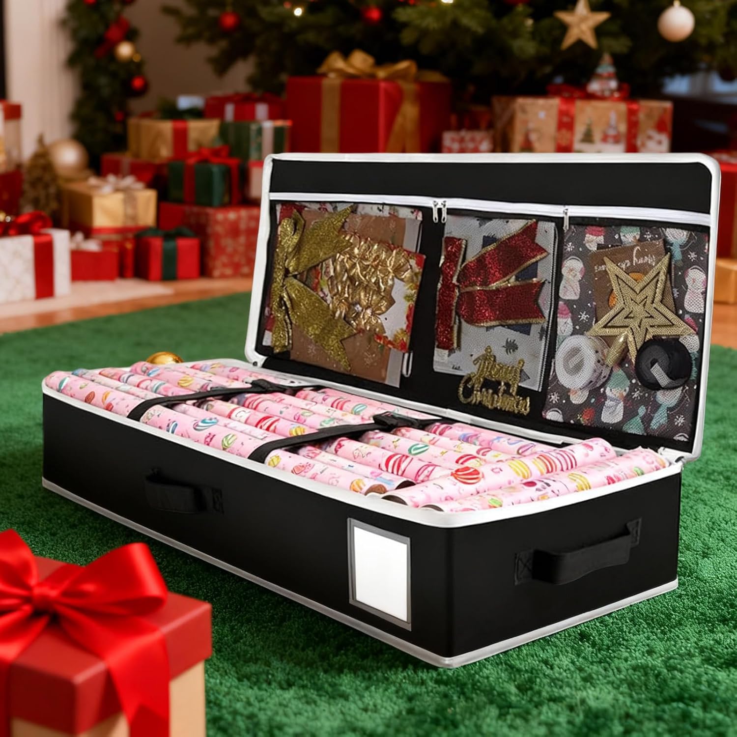 Christmas Wrapping Paper Organizer, Large Storage Container with Pockets for Ribbons, Bows, Stationery, Tools, Decorations, Indoor, Garage, Bedroom, Party