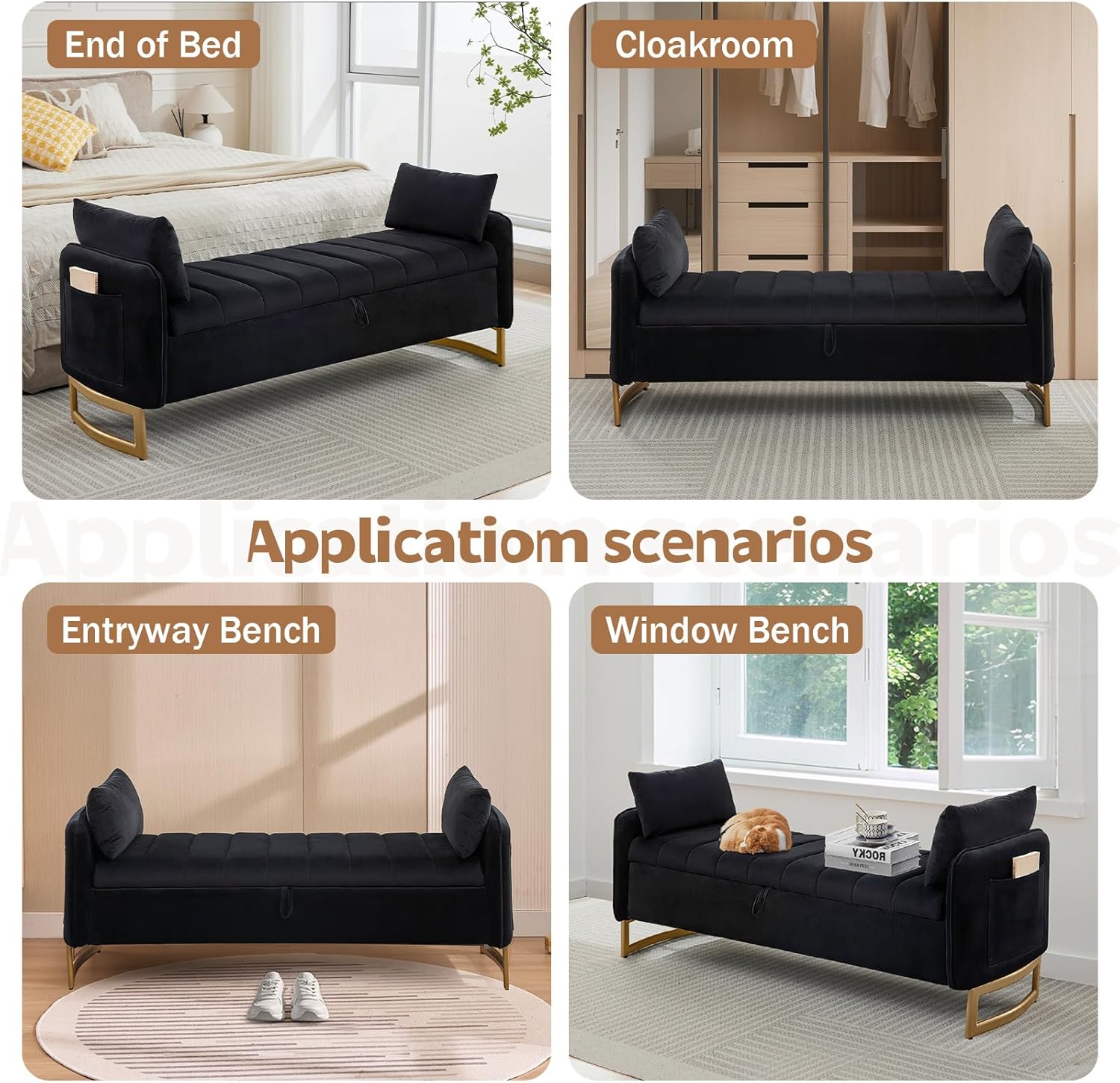 66" End of Bed Storage Bench King Size, Velvet Storage Benches for Bedroom Foot of Bed, Upholstered Storage Ottoman Bench with Golden Legs and Pillow for Living Room Window Entryway, Black