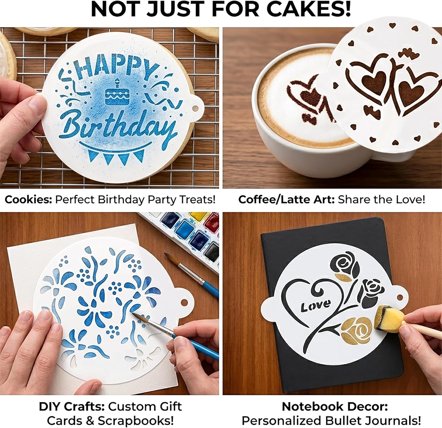 Cake Stencils Set 4 Templates - Happy Birthday, Love, Hearts, Floral - Reusable Laser-Cut for Fondant Buttercream Painting, Baking & DIY Decor (Art Deco) (4 Styles)
