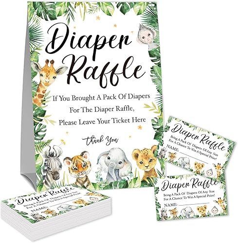 Rifa de pañales para fiesta de baby shower (1 letrero de pie y 50 tarjetas de adivinanzas), safari selva, zoológico, animales del bosque, baby