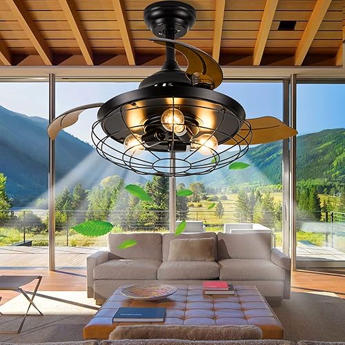 Miniatura 1 de Farmhouse Rustic Ceiling Fan with Lights36inch Black Industrial Caged Ceiling Fan Retractable Ceiling Fans with Light and Remote Control for Indoor