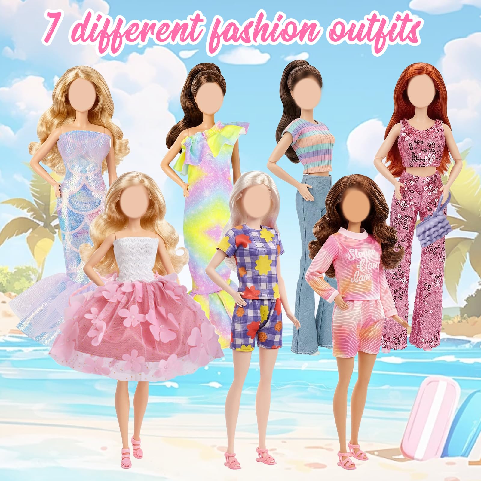 18 vestiti per bambola da 29,2 cm, compatibili con Barbie 1 vestito floreale, 1 gonna a sirena con paillettes, 1 gonna a sirena monospalla, 4 set di abiti top e pantaloni, 2 borse, 5 scarpe, regali