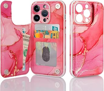 Wallet Case for Apple iPhone 14 Pro 6.1 Inch, PU Leather Credit Card Holder with RFID Blocking, Cell Phone Case with Camera Protection, Durable Shockproof Soft TPU Cover Kickstand Red Marble
