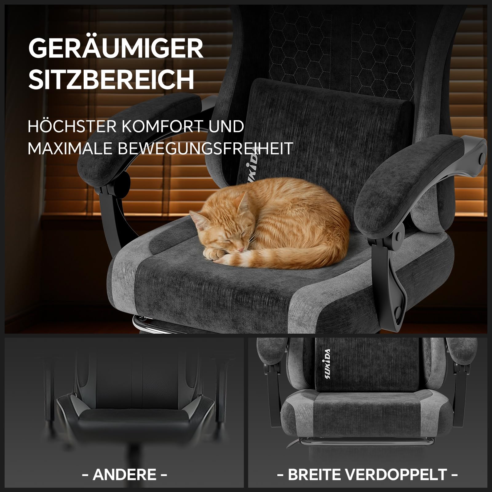 SUKIDA Gaming Stuhl, Ergonomischer Schreibtischstuhl mit Fußstütze Kopfstütze und Lendenkissen, Schreibtischstuhl mit Stoffoberfläche Hochwertiger - Stoff, Schwarz