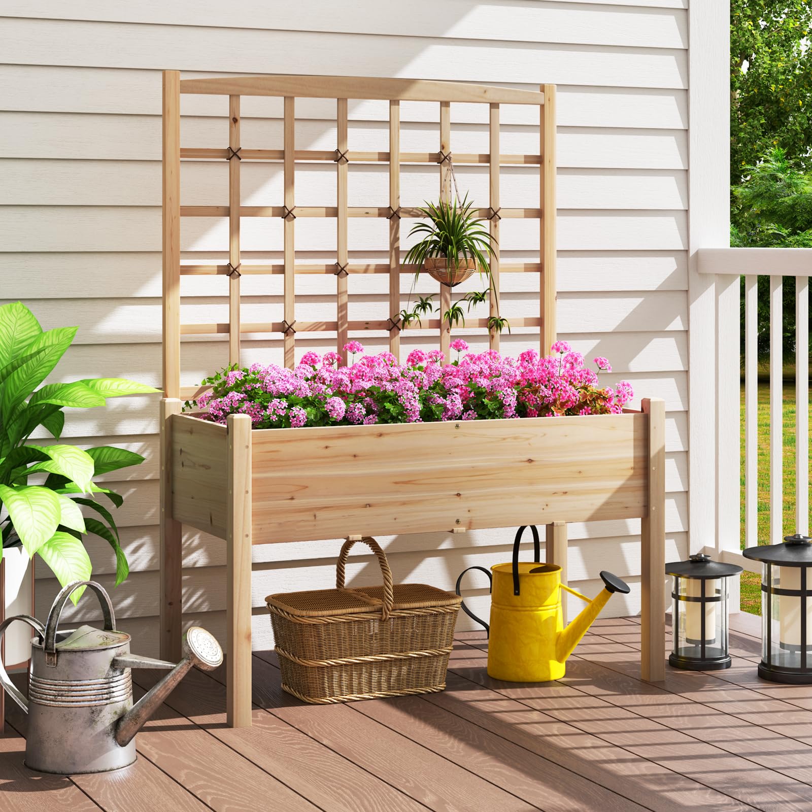COSTWAY Huerto Urbano Elevado de Madera con Enrejado, Agujeros de Drenaje, Caja de Plantas Elevada de Madera con Piernas para Enredaderas, Flores, Hierbas, Verduras, Maceta para Patio y Balcón