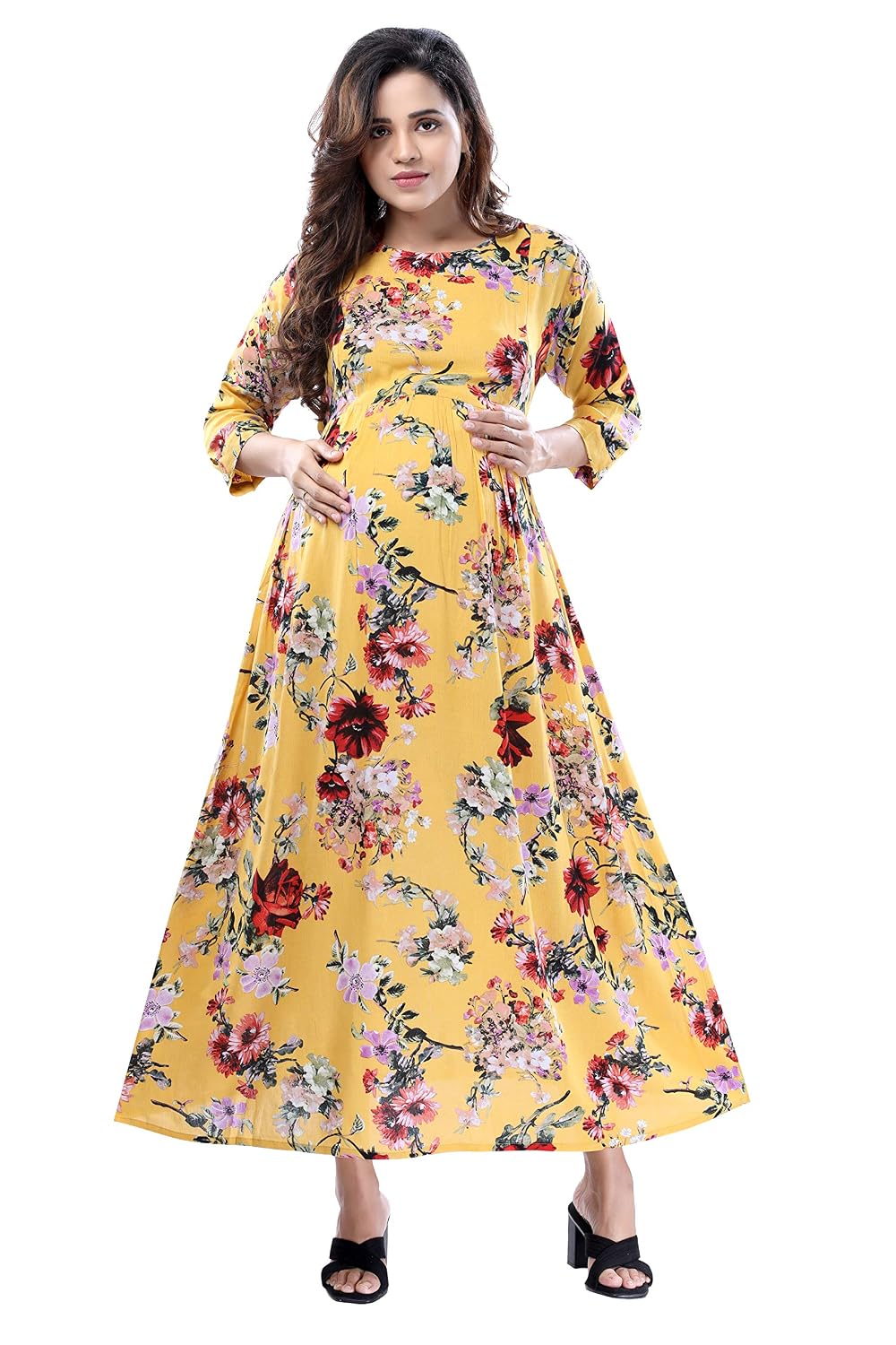 MAMMA'S MATERNITY Women's Maxi Length Rayon Printed Maternity | Feeding | Nursing Dress | Stylish & Comfortable | Washable...