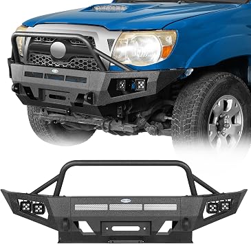 u-Box 05-11 Tacoma Front Bumper Brush Guard for 20052011 Toyota Tacoma 2nd Gen, Full Width Off-Road Steel Bumper with Bull Bar, Skid Plate & 4 LED Lights, 12,000-lb Winch Ready