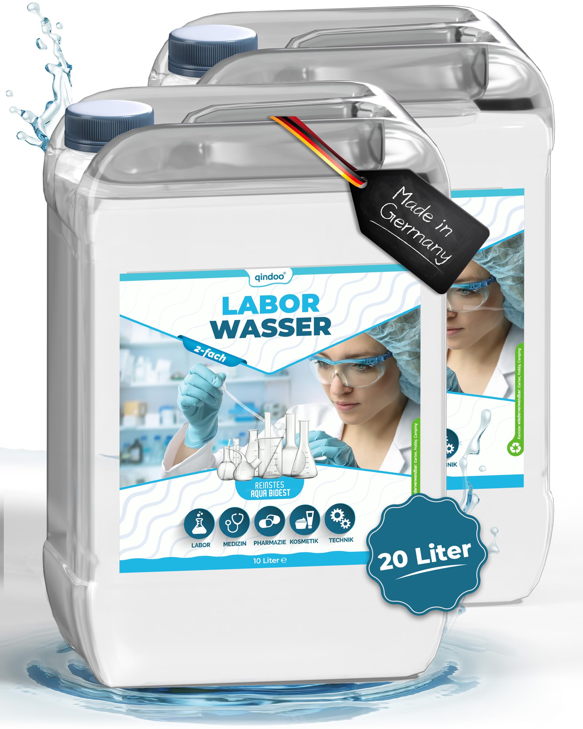 Aqua Bidest 2x 10 Liter Kanister, Qindoo Laborwasser 20L wo reines 2-fach Wasser benötigt wird z.B. für Labore, Medizin, Pharmazie, Kosmetik, Technik (2x 10L Kanister)