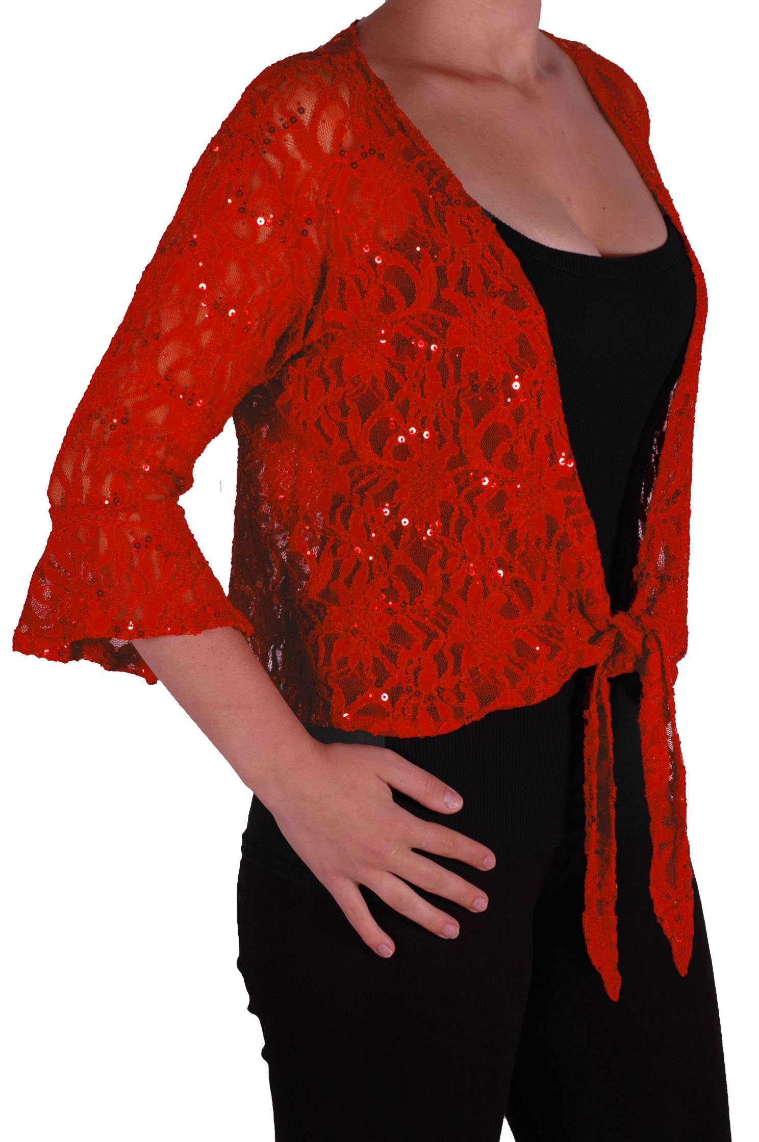 Eye Catch Women's Red Oversize 12-26 - Darcey Sequin Cardi Tie Shrug Lace Bolero Top Plus Size 24-26