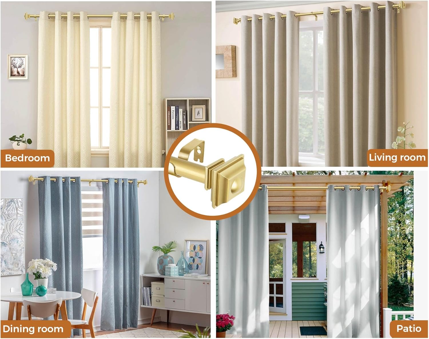 KAMANINA Bundle of 32-86" Gold Single Curtain Rod with Square Finials and Netted Texture Holdbacks 1 Pair