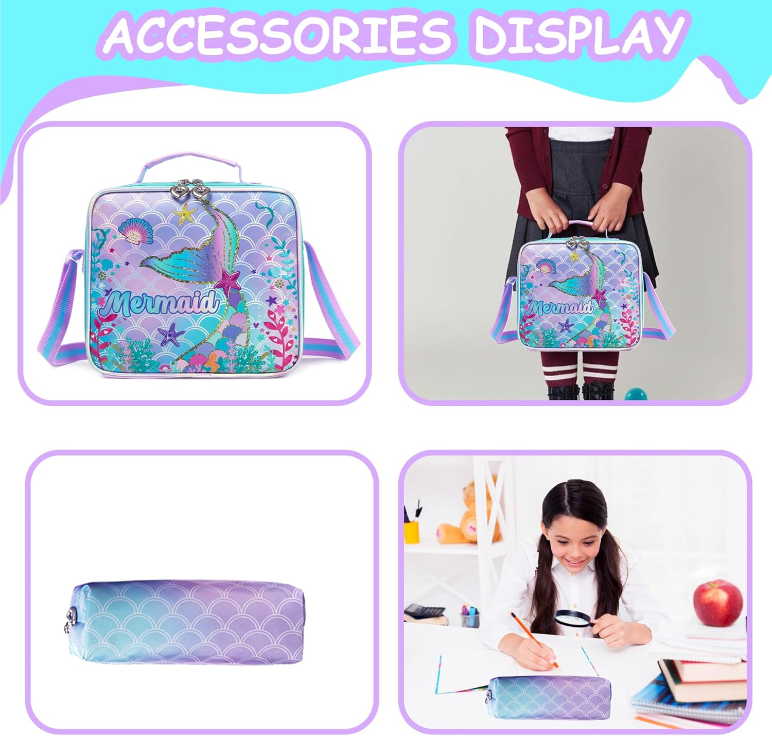 Mermaid Rolling Backpack for Girls 8-12 Kids Rolling Backpack for School Backpacks for Girls with Lunch Box Schoolbag for Elementary Primary