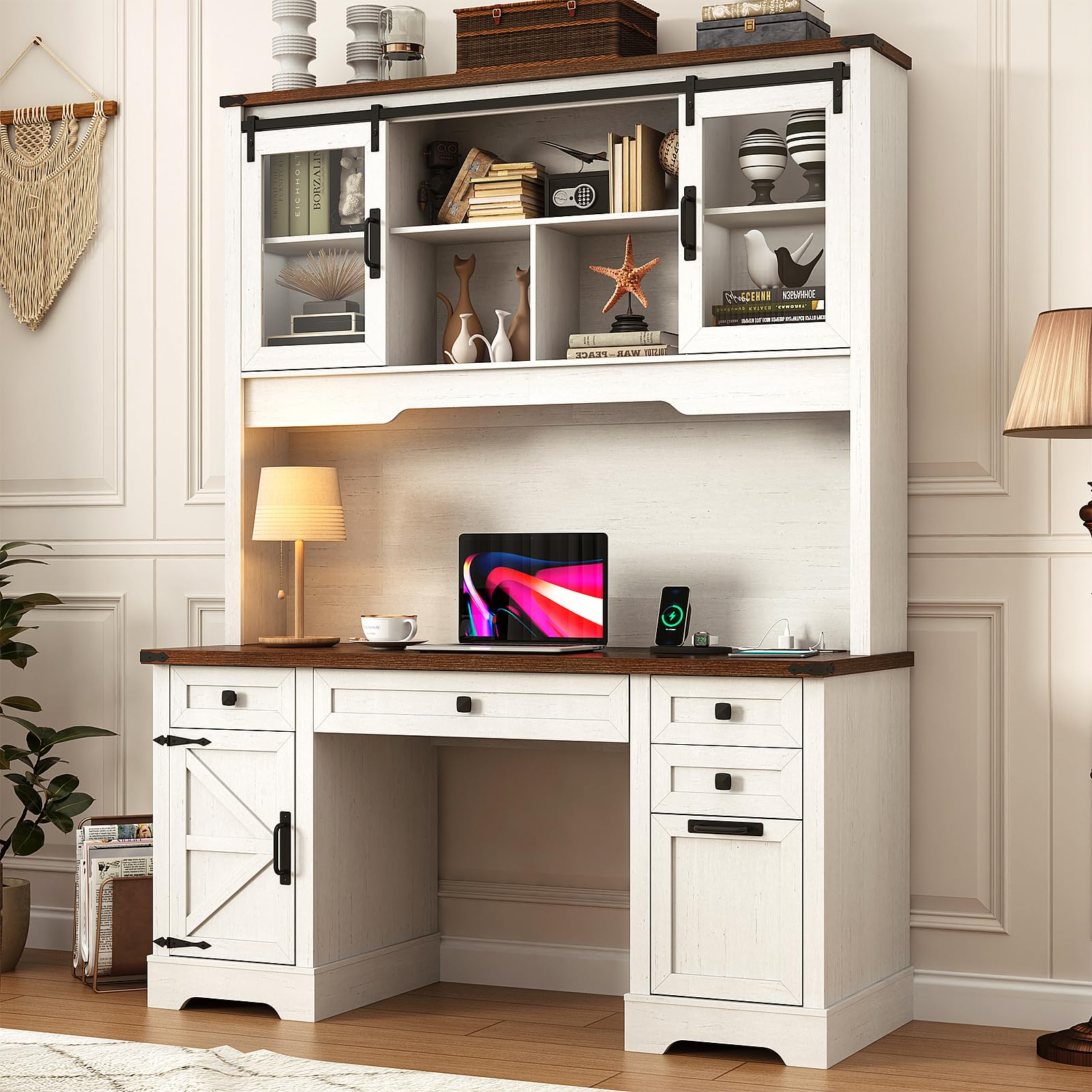 Hlivelood 76" Height Farmhouse Desk with Sliding Door Hutch, Wood Office Executive Workstation Computer Desk with Charging Station, Drawers and