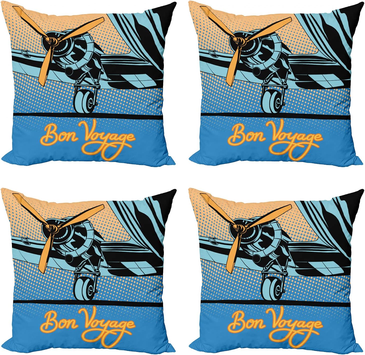 Ambesonne Airport Decorative Throw Pillow Case Pack of 4, Retro Style Pop Art Graphic of Airplane with Propeller and Bon Voyage Typography, Cushion Cover for Couch Living Room Car, 20″, Multicolor
