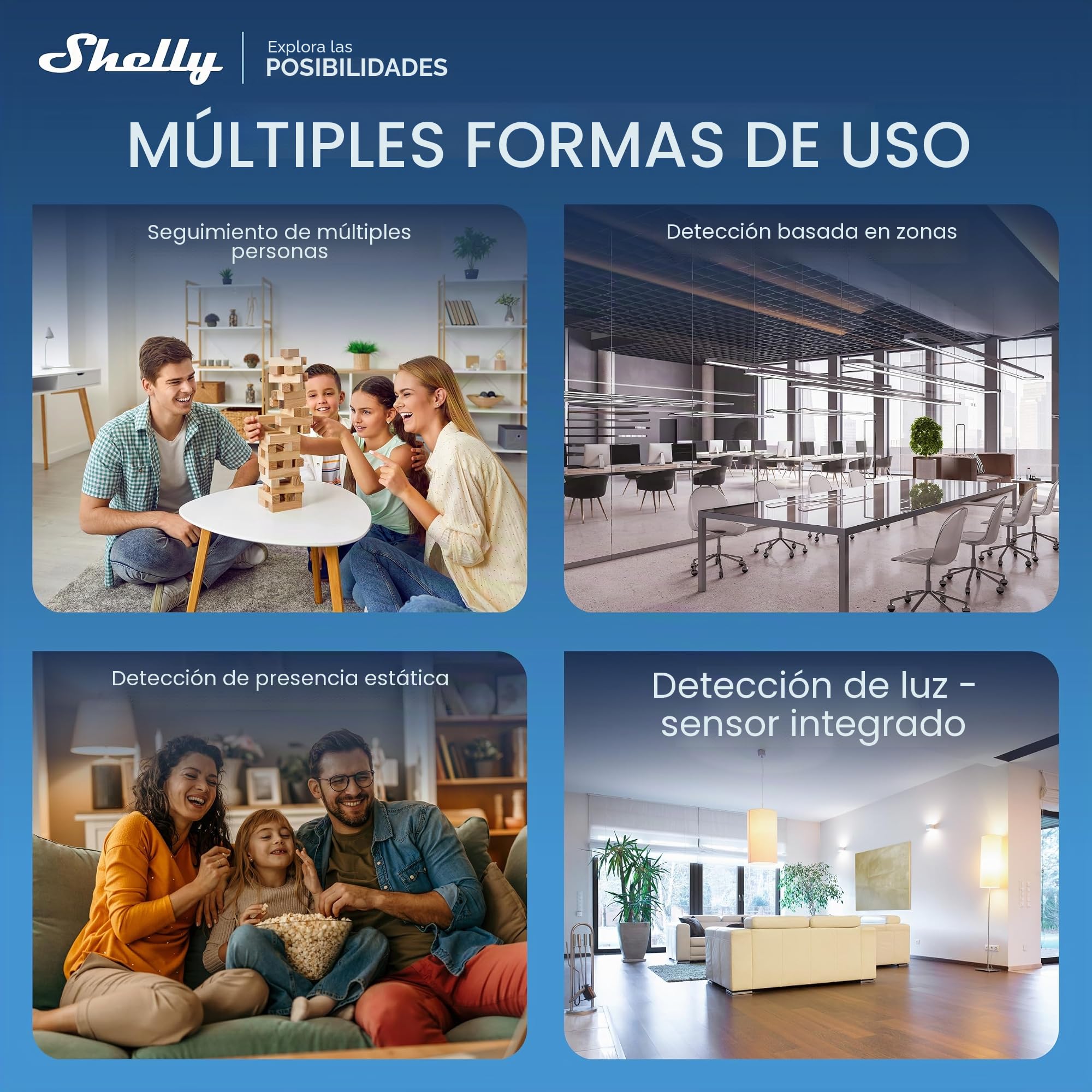 Shelly Presence Gen4 Blanco – Sensor de Movimiento y Presencia Zigbee, Wi-Fi y Matter, 42 m², 180°, Detección 6 Personas y 10 zonas, Montaje en pared o superficie, Control Inalámbrico Shelly App, Alex