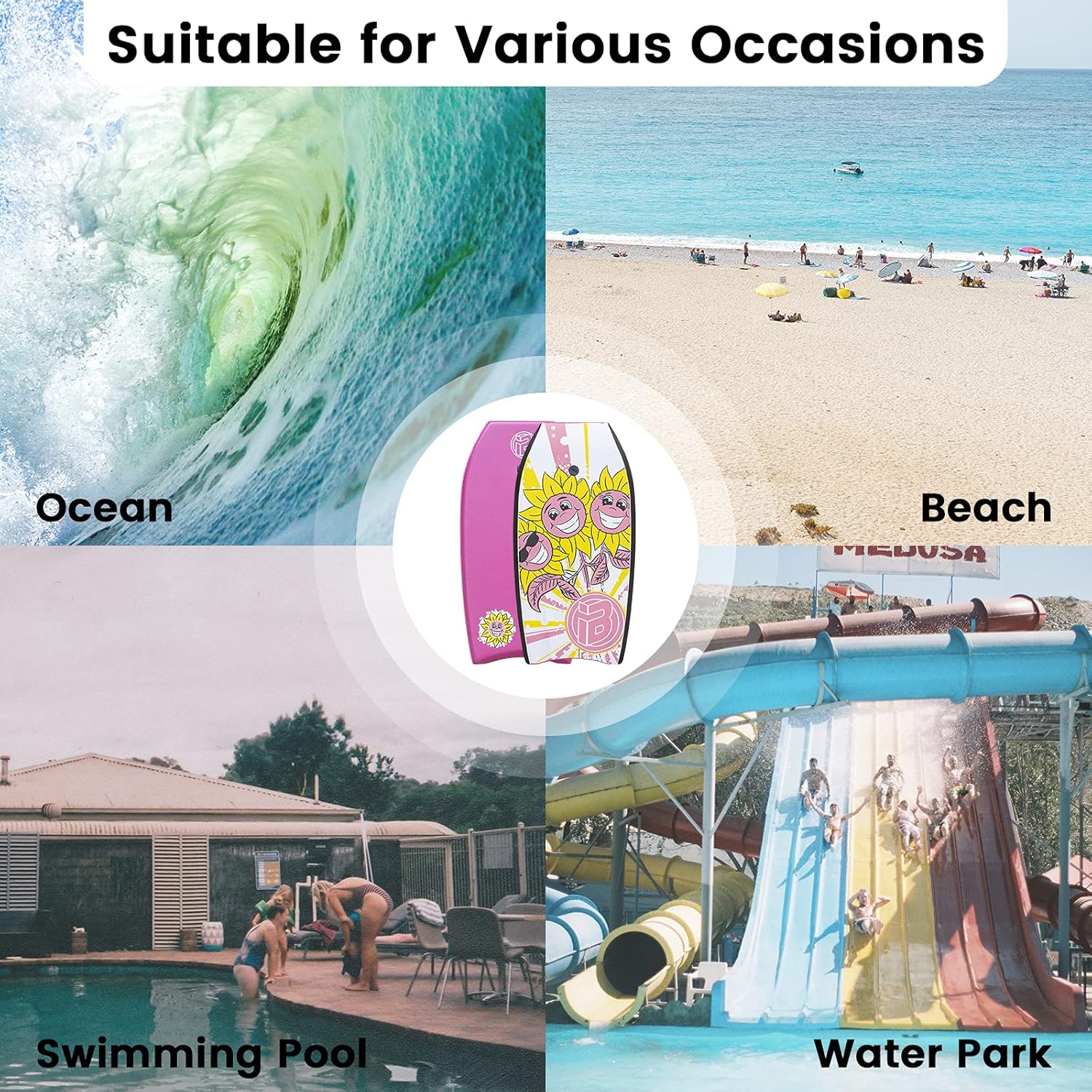Bodyboard with Wrist Leash Lightweight Body Board for Adults with EPS Core 37 Inch Choose Color, PINK