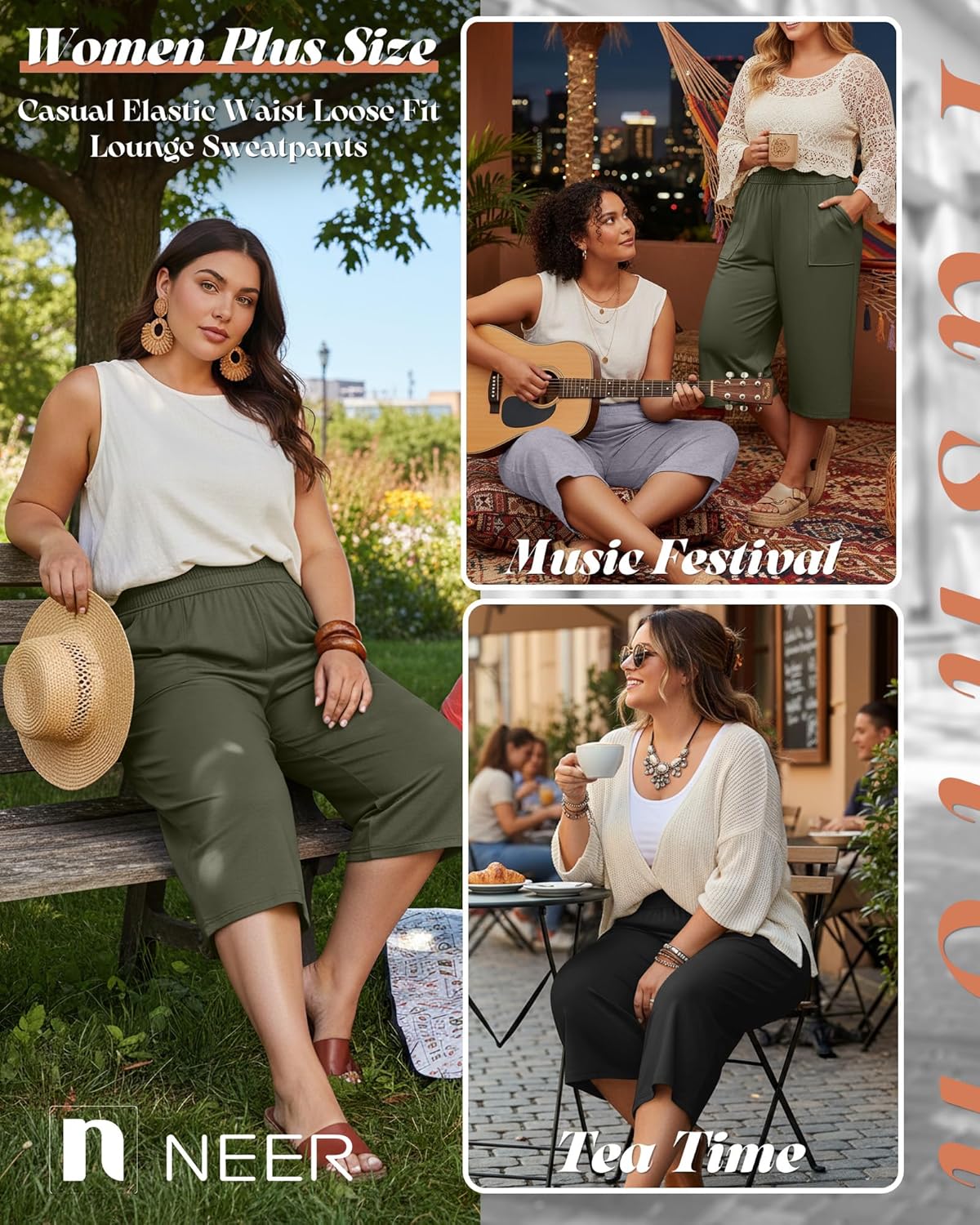 Neer 3 Pack Women Plus Size Capris Cotton Wide Leg Cropped Pants Casual Elastic Waist Loose Fit Lounge Sweatpants with Pocket