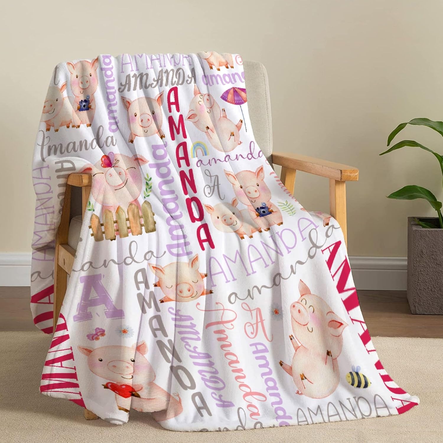 Custom Name Pig Blanket Personalized Gifts Super Soft Lightweight Flannel Blankets Throw for Kids, Adult, Suitable for Couch, Sofa, Bed, Camping, Travel All Seasons 50"x60" for Teen