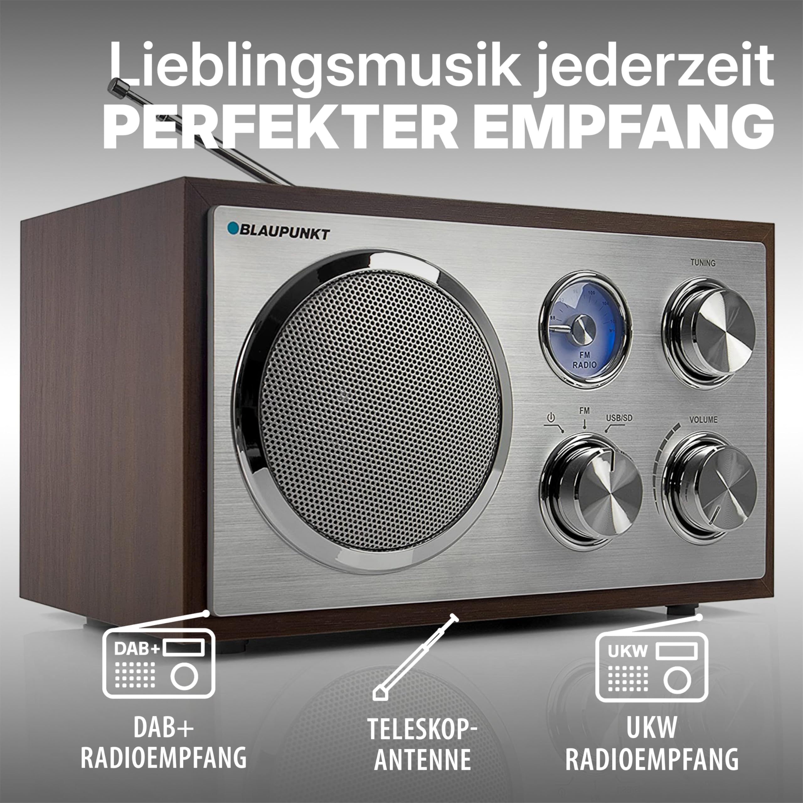 Blaupunkt RXN 19 WN Retro Radio, UKW FM Küchenradio, einfache Bedienung, Radio klein, Analog Tuner, USB-Port 2.0, SD Kartenleser, Antenne, Holz-Gehäuse, Nostalgie-Radio mit Netz-Kabel, Walnuss