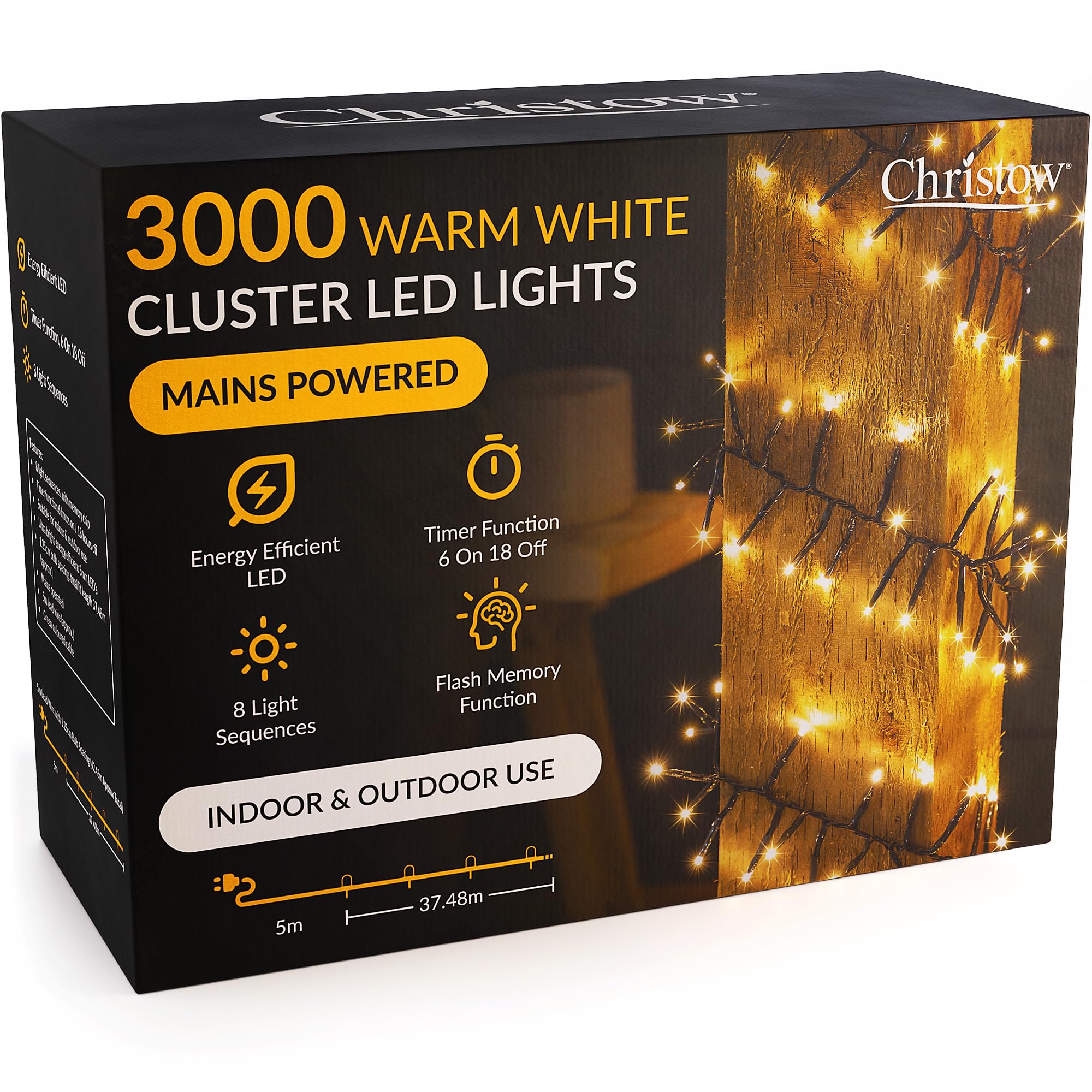 CHRISTOW 3000 LED Cluster Christmas Tree Lights, Warm White Fairy Lights with Timer, 8 Light Modes, Energy Efficient 3mm Micro LEDs, Indoor & Outdoor, Mains Powered, Green Cable, 37.48m Lit Length