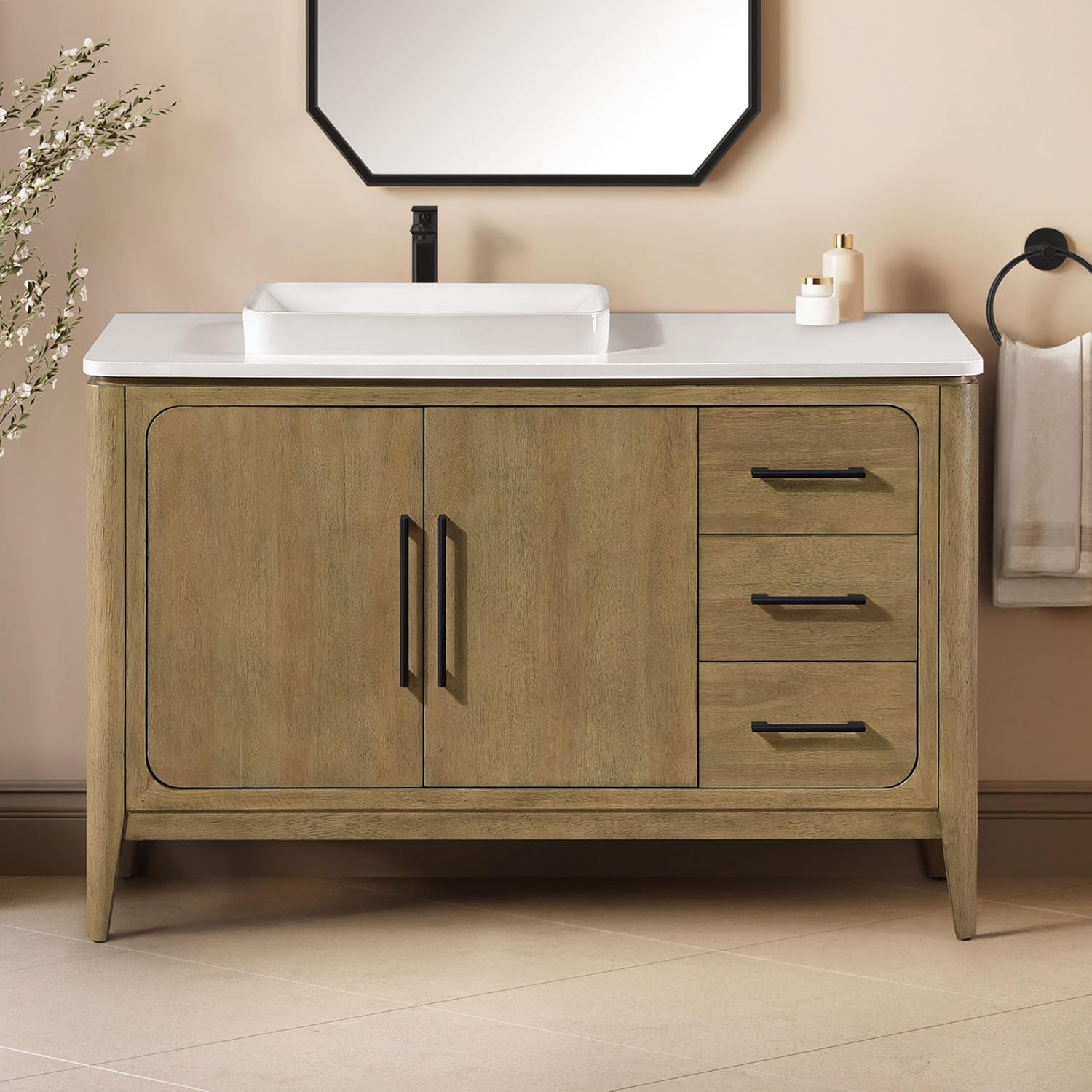 OVE Decors Heidi 48 in. Single Sink Freestanding Light Brown Oak Bathroom Vanity with White Quartz Top and Matte Black Hardware