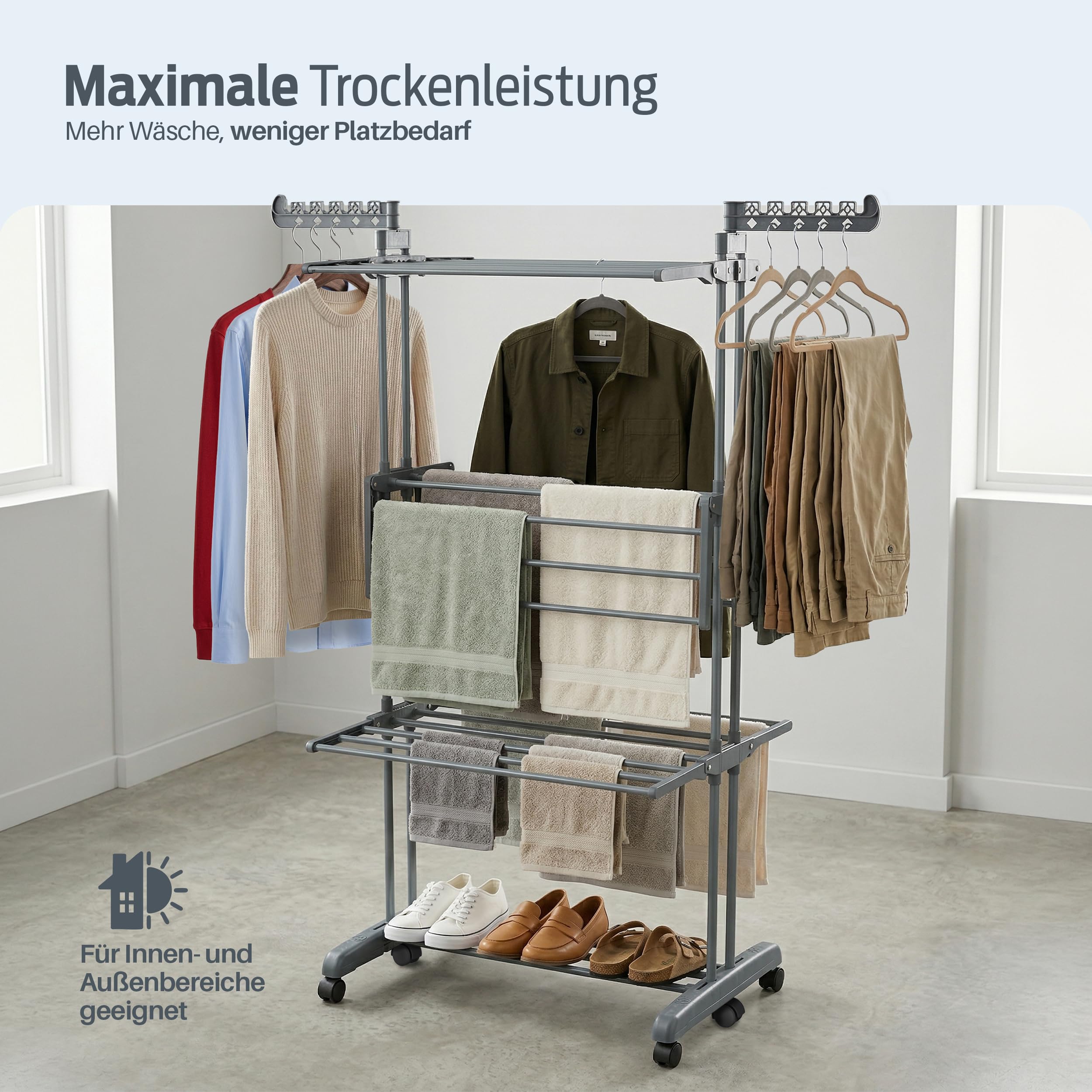 PORTENTUM Wäscheständer Turm klappbar mit 4 Ebenen und 24 Trockenstangen – Bis 40 kg – Wäschetrockner Ständer mit 2 Sockenhaltern – Für Innen- und Außenbereich – Rollen mit Feststellbremse