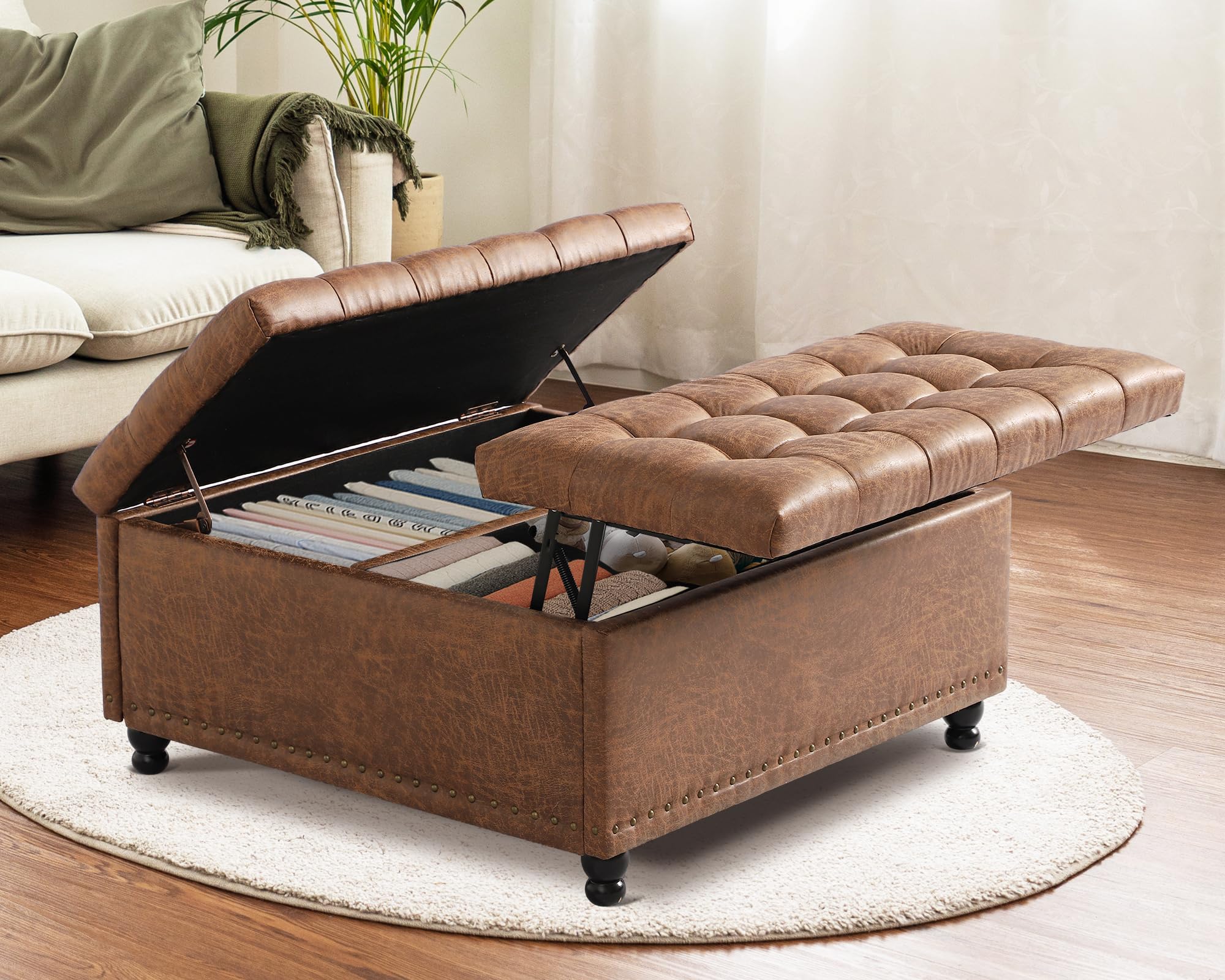 Grepatio 35.5" Large Square Storage Ottoman, Lift Top Ottoman Square Bench with Storage, Tufted Upholstered Ottomans, Ottomans Coffee Tables for