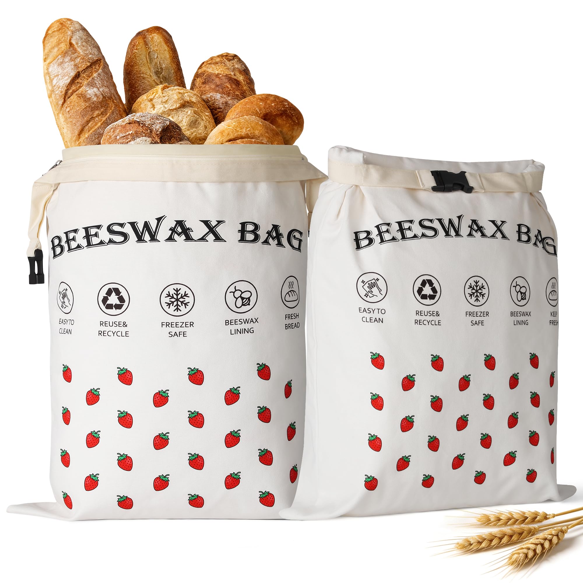 2 Pack Beeswax Bread Bags,Sourdough Bread Bags for Homemade Bread with Wide Zipper Access,17×13 Inch Reusable Extra Large Organic Cotton Bread Storage Bag Keeps Fresh Longer