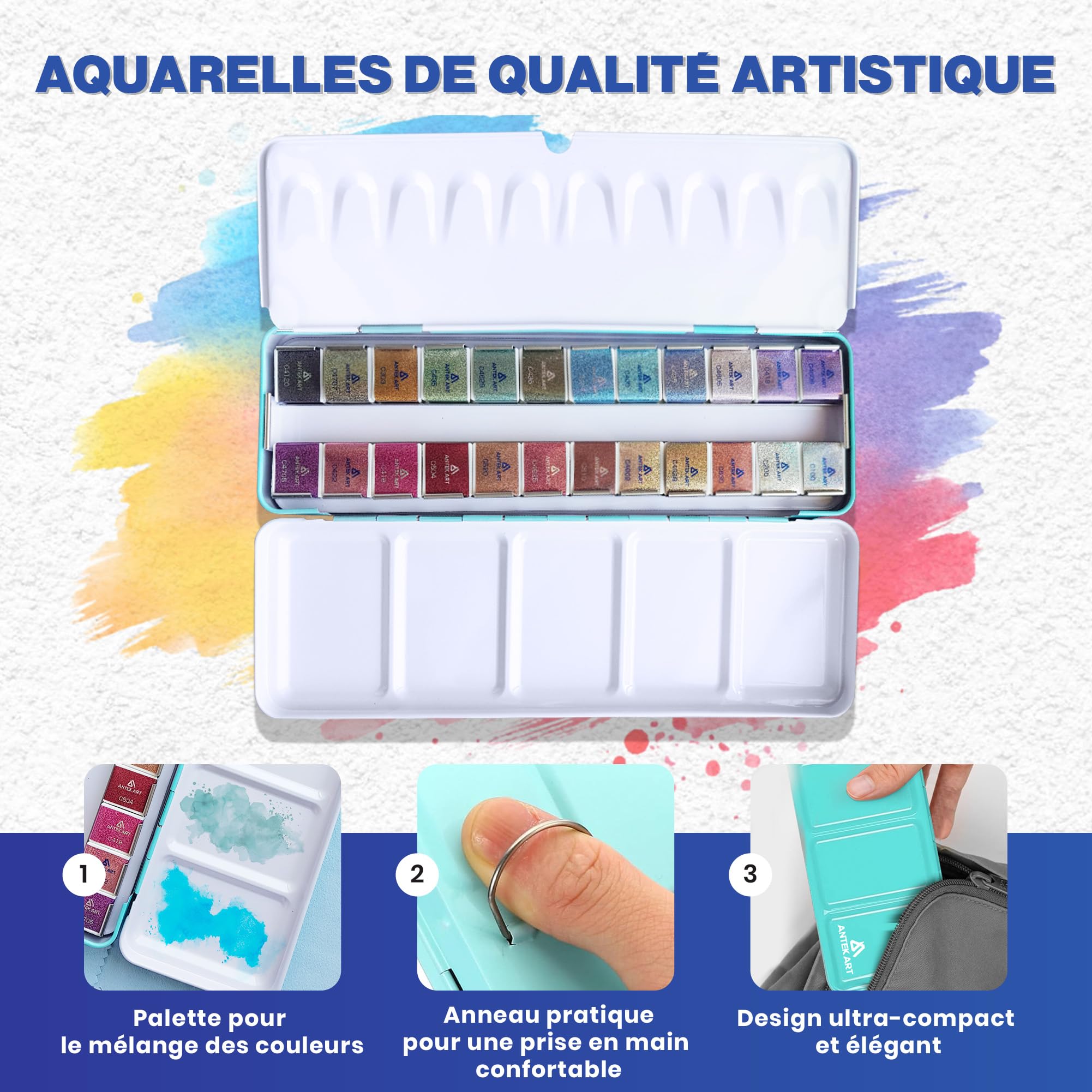 Set de Peinture Aquarelle Métallique, 24 Couleurs dans Mallette Portable avec Palette