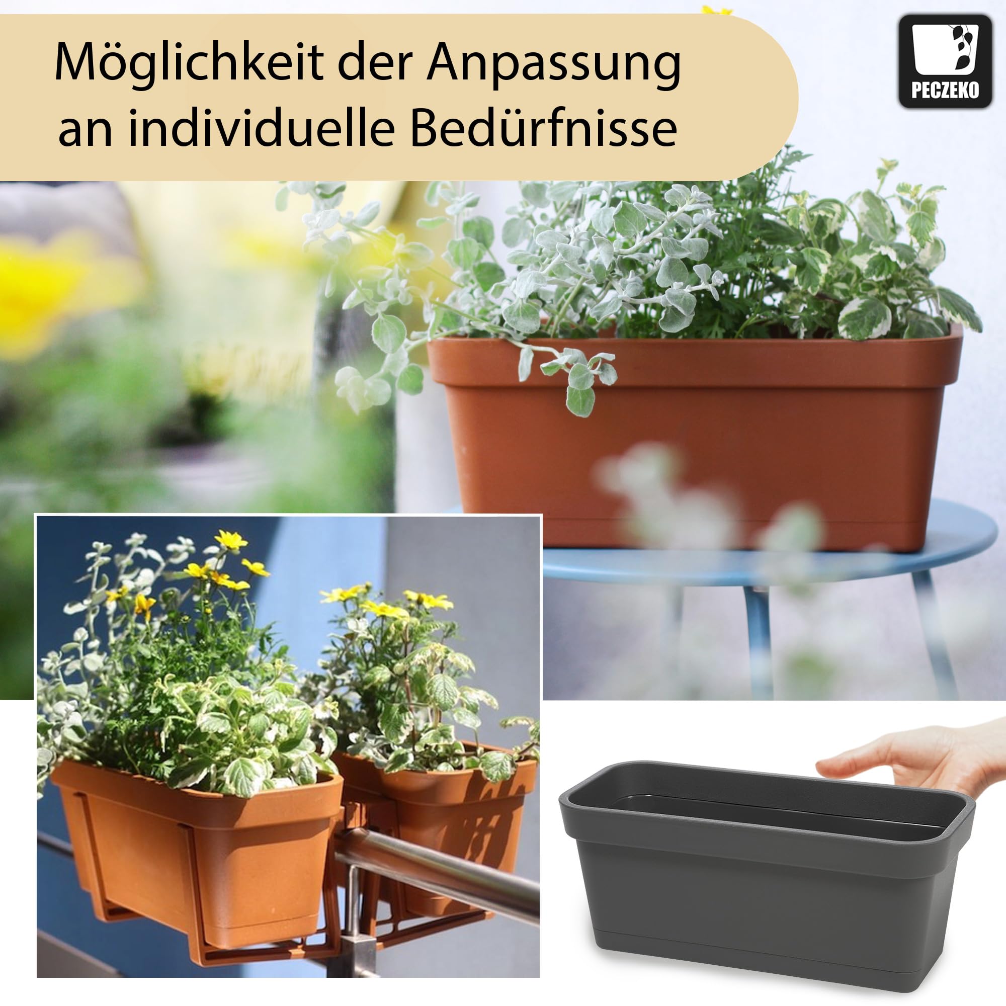 Zestaw plastikowych skrzynek na kwiaty PECZEKO, doniczka na kwiaty i zioła, trwała doniczka balkonowa, doniczka na balkon, 8 sztuk, antracyt, ø 40 cm