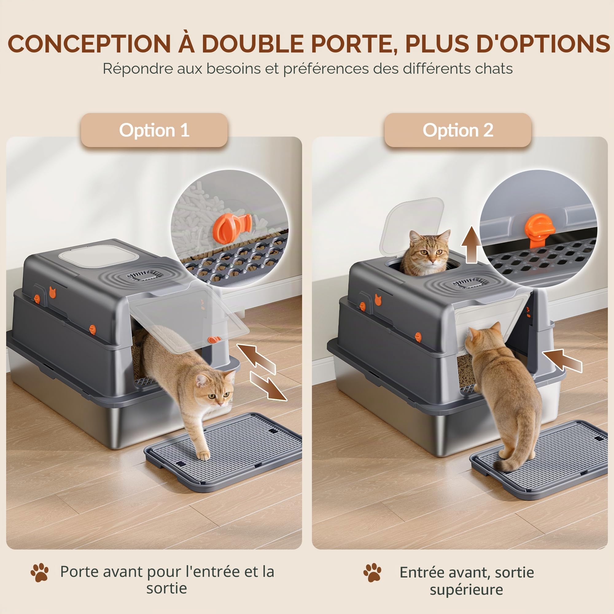 Bac à Litière en Acier Inoxydable XXXL, 70x50x42 cm, Gris Foncé | Bac à Litière Métallique Fermé avec Couvercle, 105° Couvercle à Charnière, Pédale et Pelle Incluse, Deux Portes FPLB206SG2